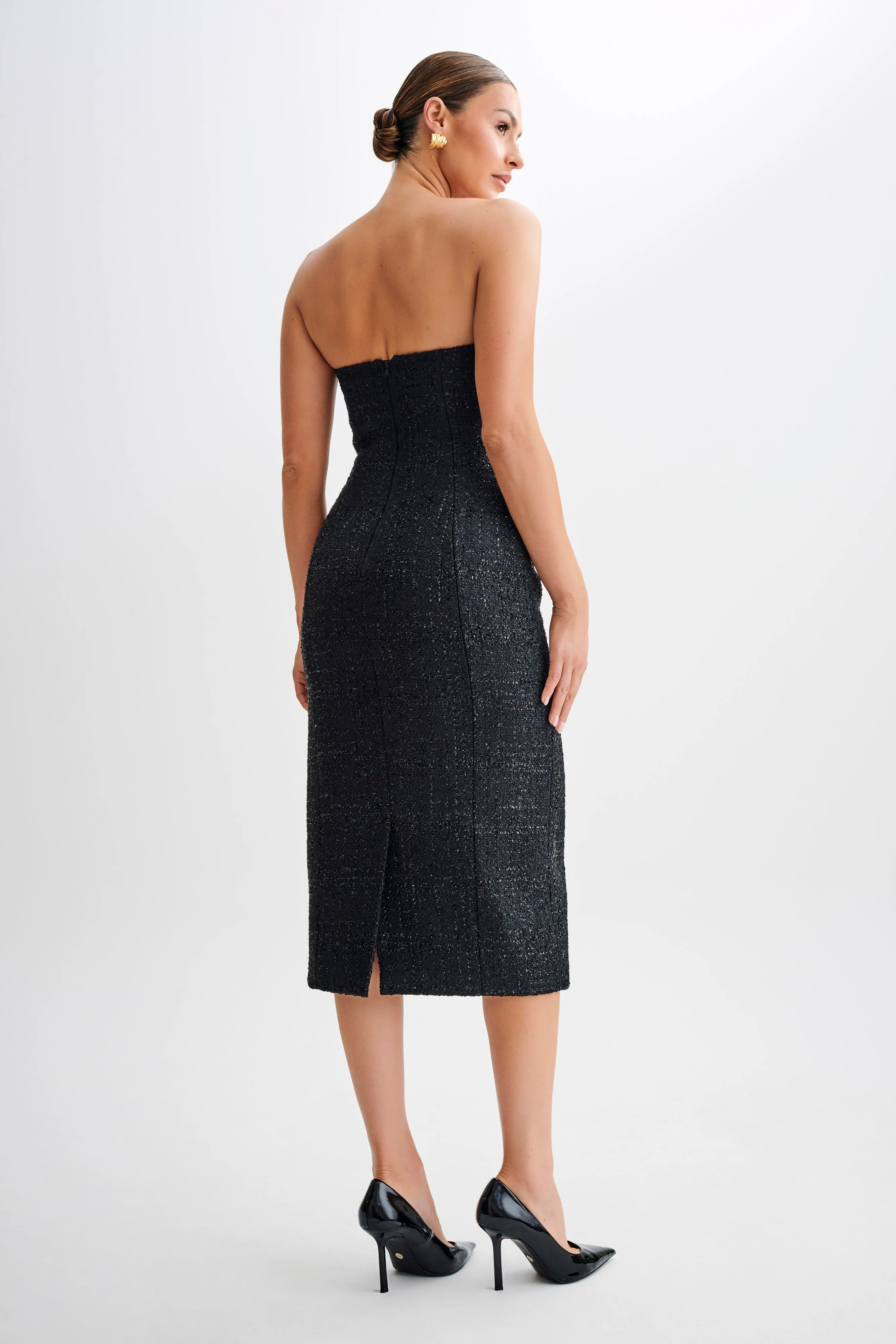 Classic-style Monet Tweed Strapless Midi Dress - Black