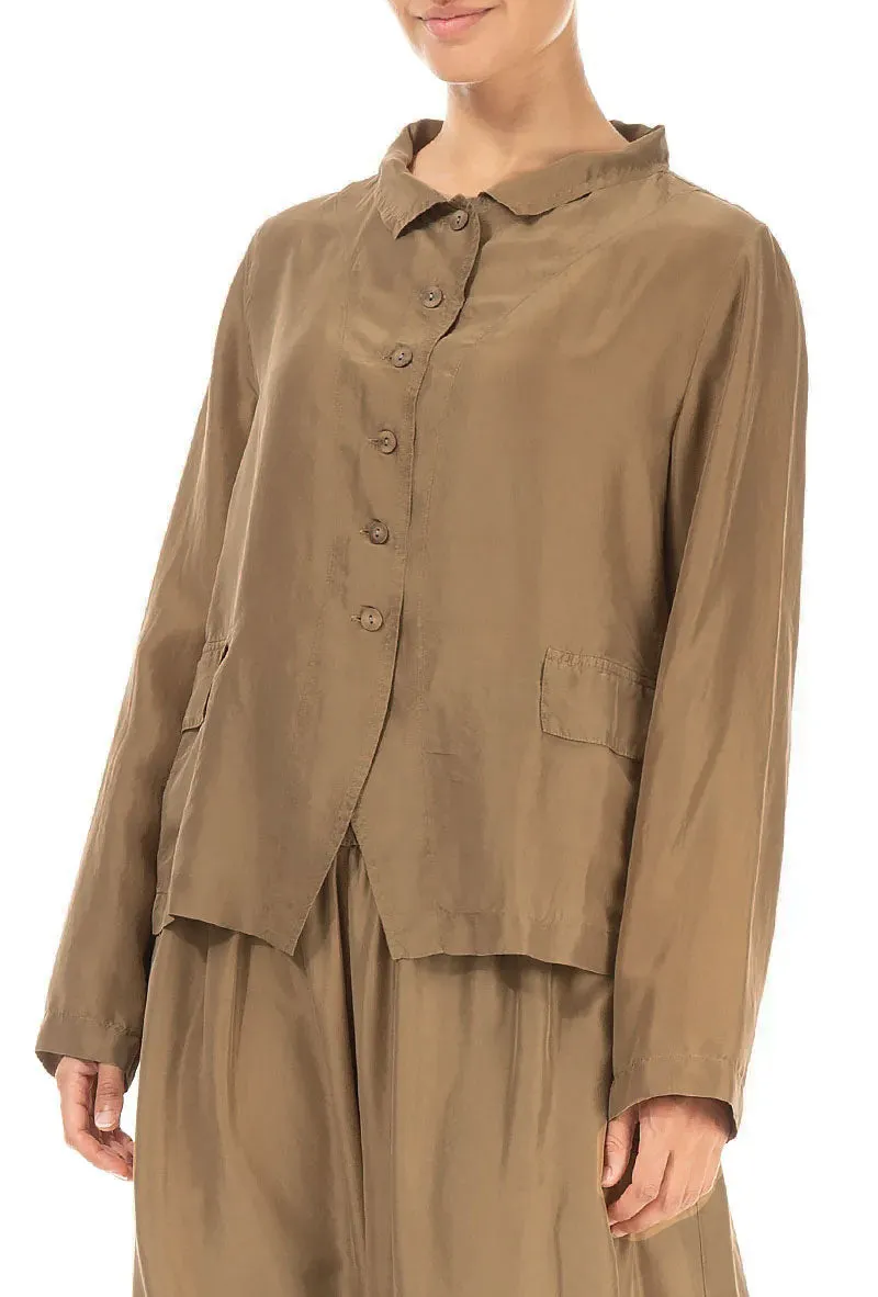 Buttoned Aged Copper Pure Silk Jacket Thermal Lined ReinforcedElasticHem