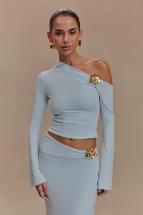 Ainsley Asymmetrical Long Sleeve Top With Floral Hardware - Pale Blue Bonded Seam Technology