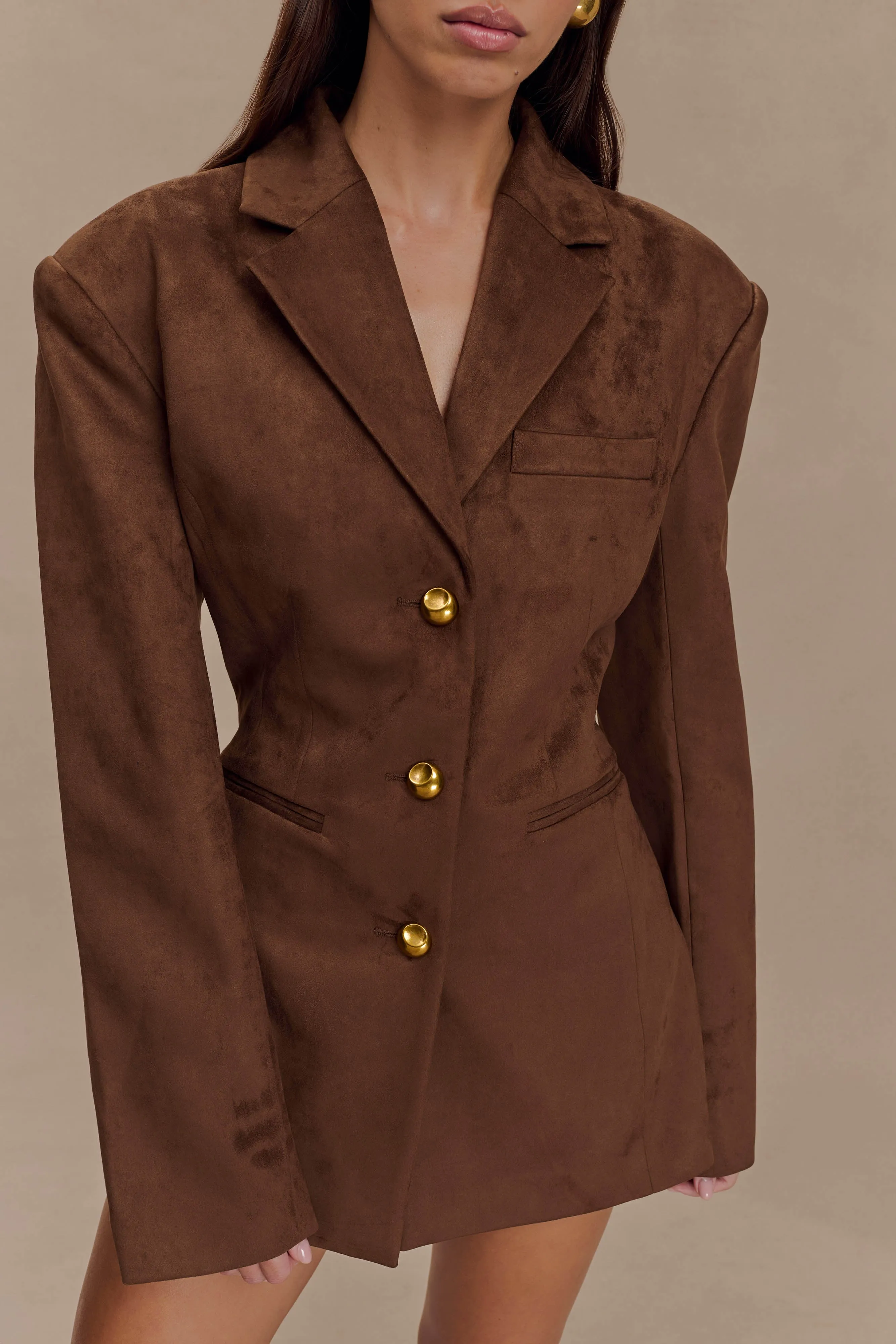 Sally Faux Suede Cinched Blazer - Milk Chocolate Wind Resistant Detachable Lining