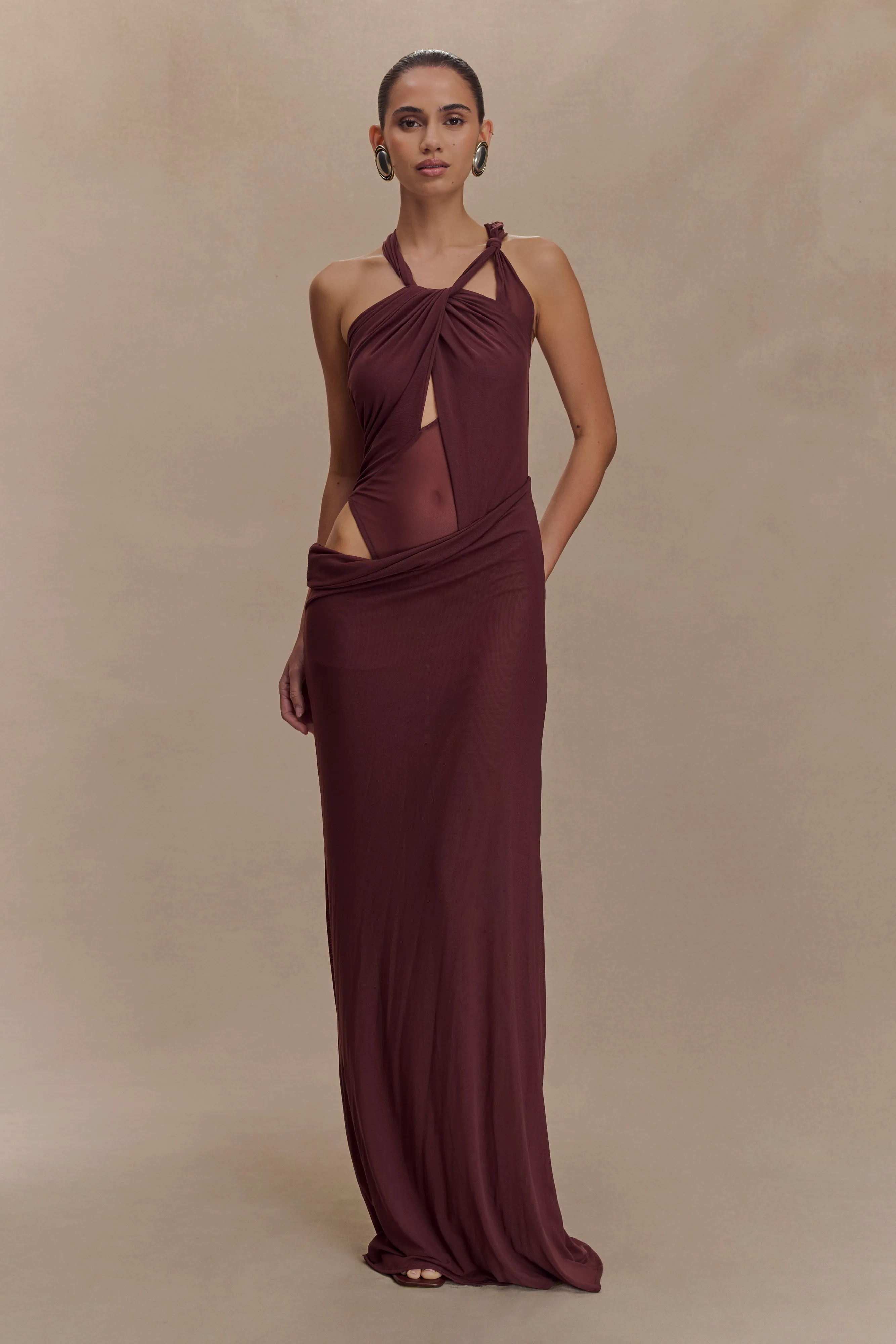 Edwina Knotted Mesh Maxi Dress - Mahogany Relaxed Line Daily Flex