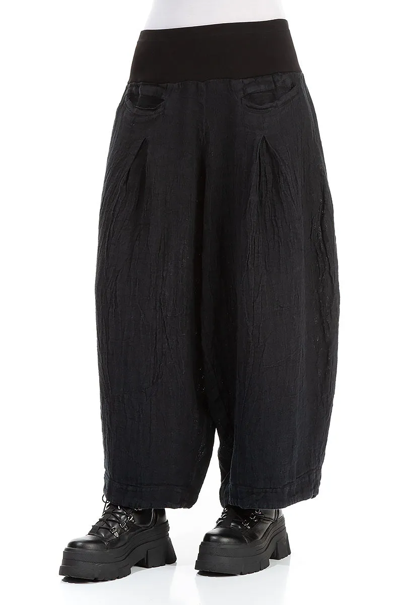 Loose Midnight Blue M??lange Linen Trousers Abrasion Resistant Panels Comfort Fit Wear