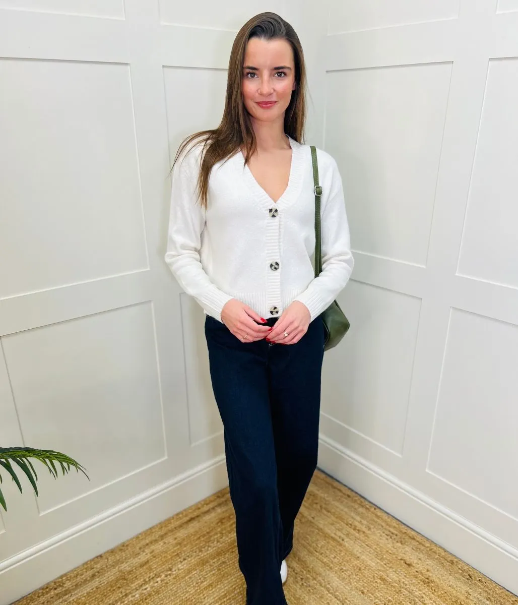 Reinforced Shoulder Design Ivory Soft Knit Button Cardigan