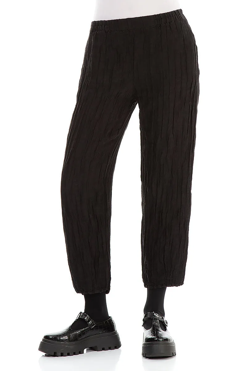 Taper Cropped Crinkled Black Silk Linen Trousers Core Support Fit Freedom