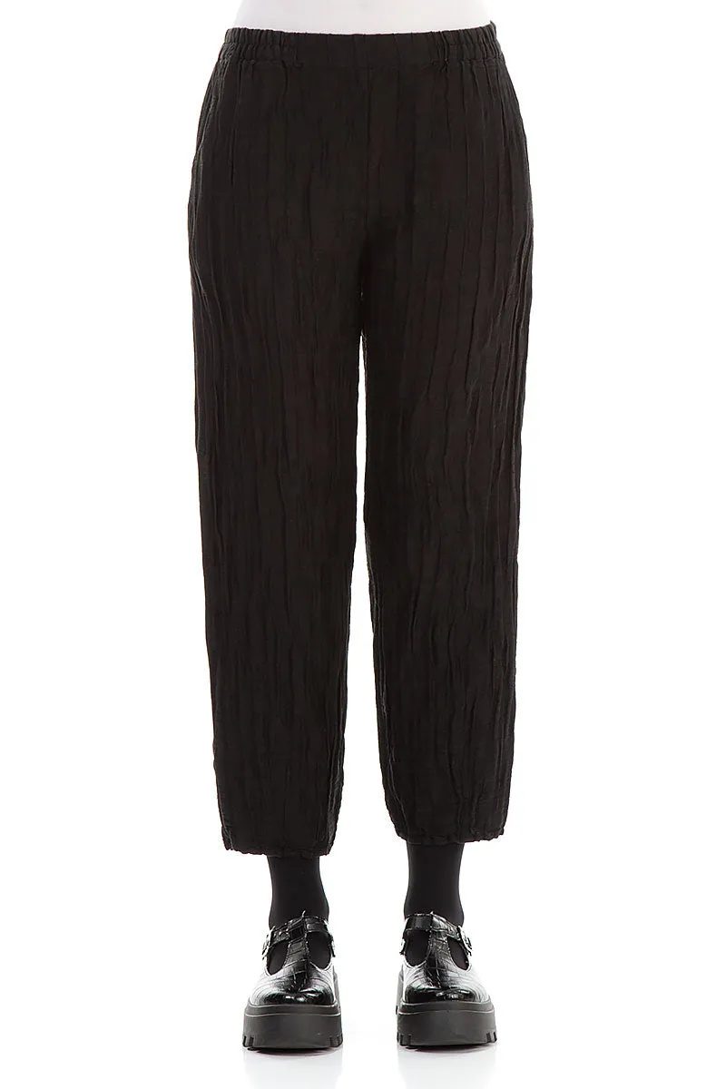 Essential Comfort Wear Body Contour Taper Cropped Crinkled Black Silk Linen Trousers