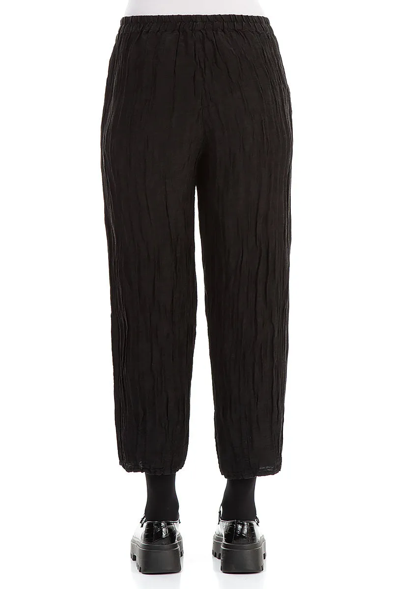 Hip Friendly Pockets Fade Resistant Dye Taper Cropped Crinkled Black Silk Linen Trousers