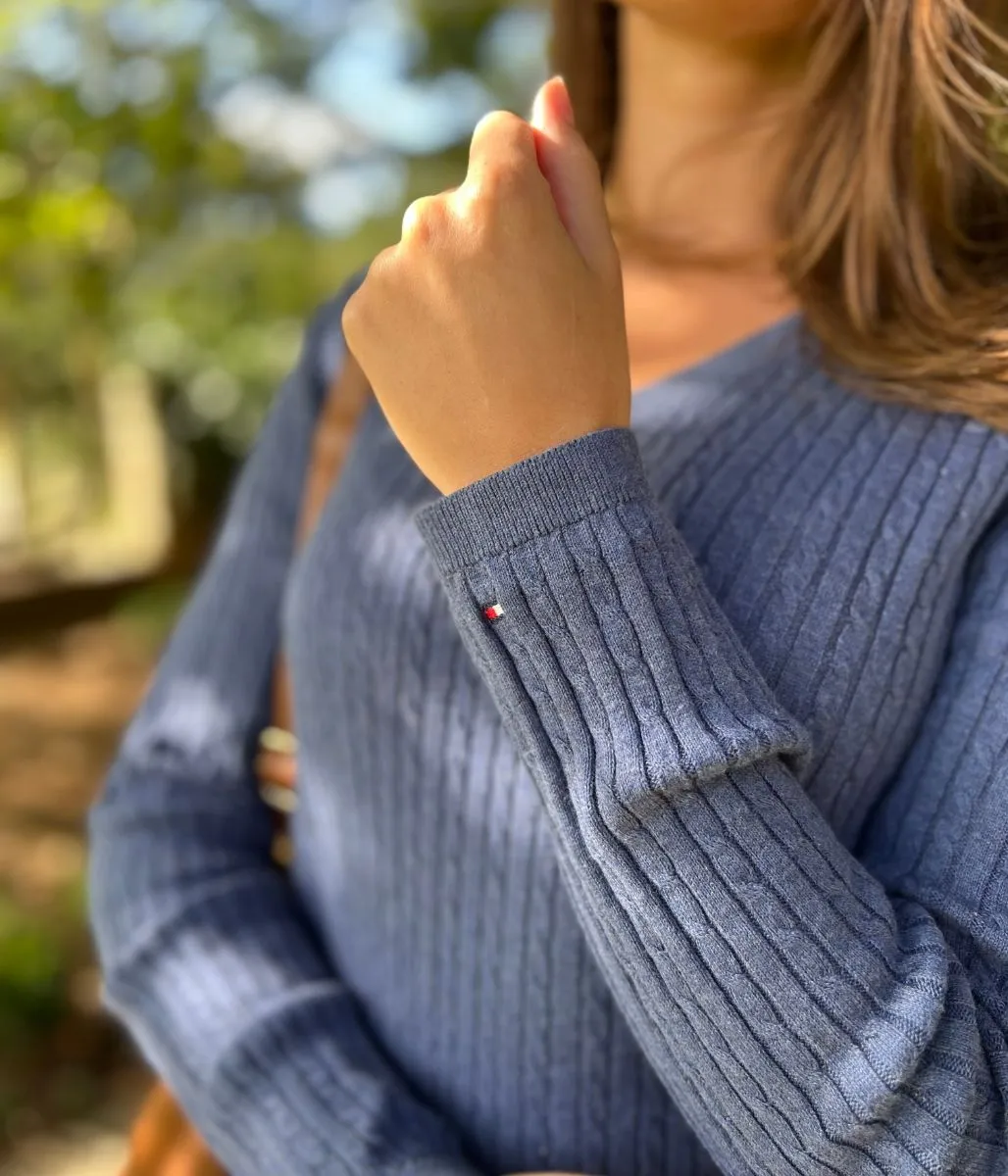 Denim Blue V Neck Cable Twist Jumper Timeless Knitwear Relaxed Comfort Design