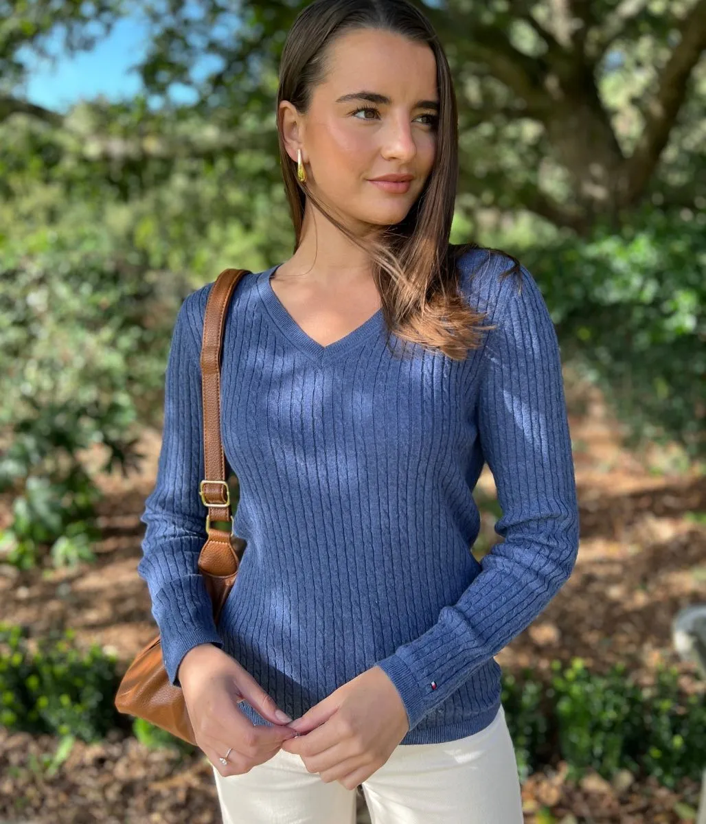 Denim Blue V Neck Cable Twist Jumper Warm Outfit