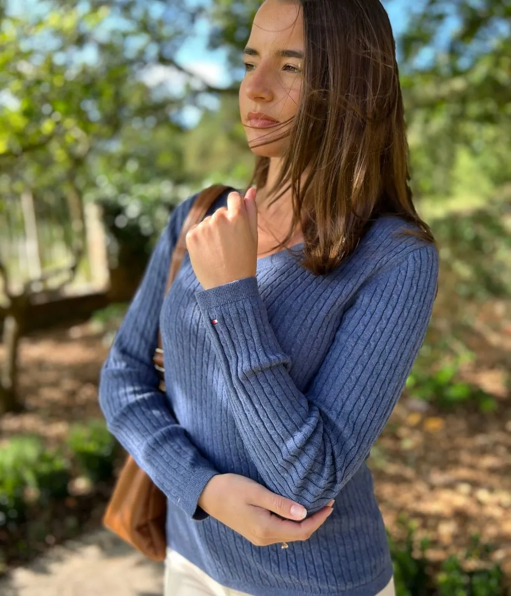 Knitted Layer Denim Blue V Neck Cable Twist Jumper