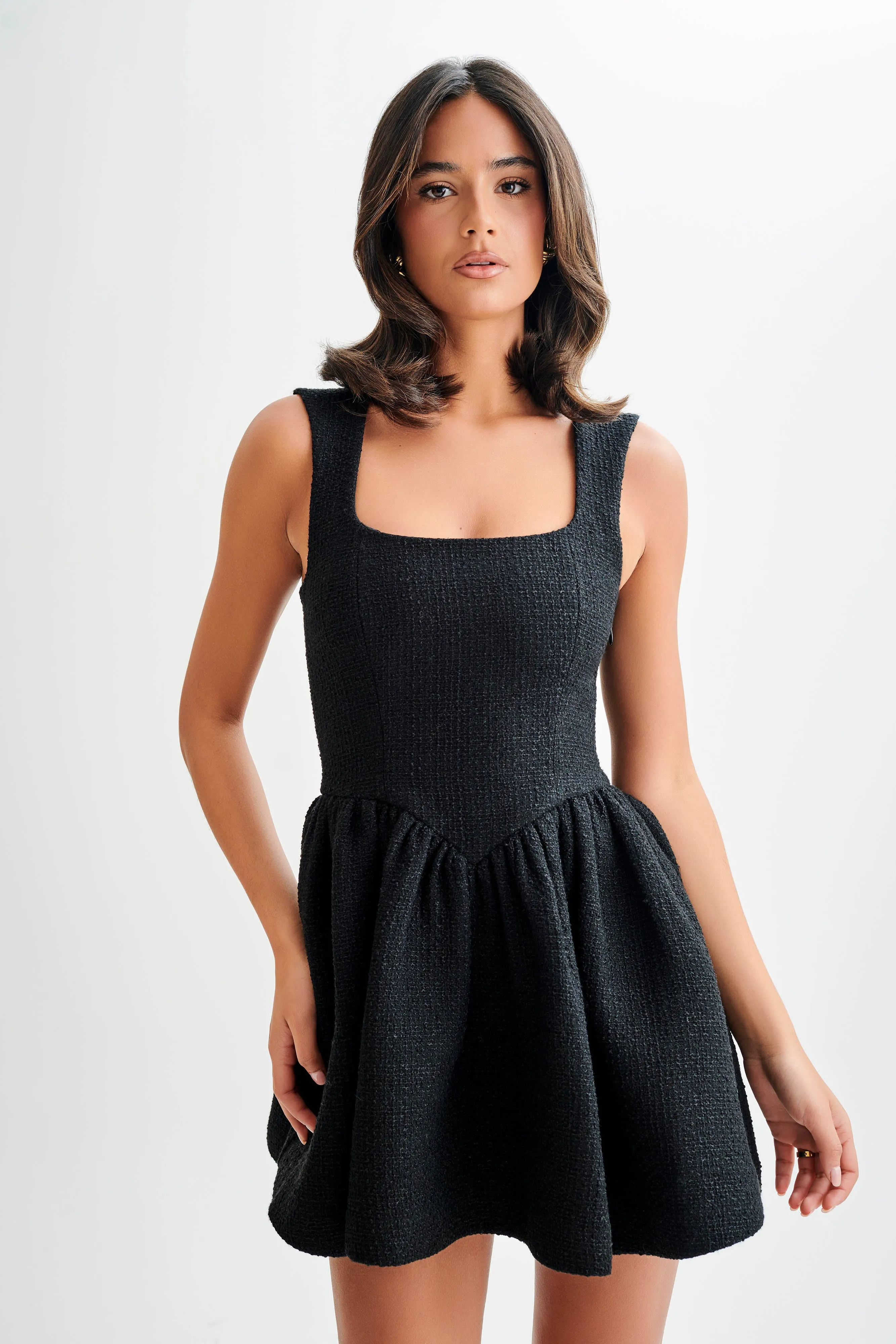 Piped-Edge Jennifer Boucle Mini Dress - Black