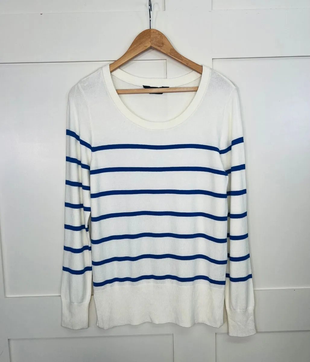 Ivory & Blue Stripe Fine Knit Jumper Sporty Flex Cozy and trendy