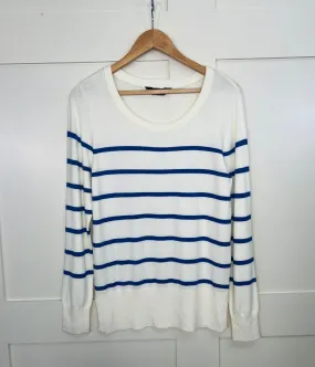 Ivory & Blue Stripe Fine Knit Jumper Sporty Flex Cozy and trendy
