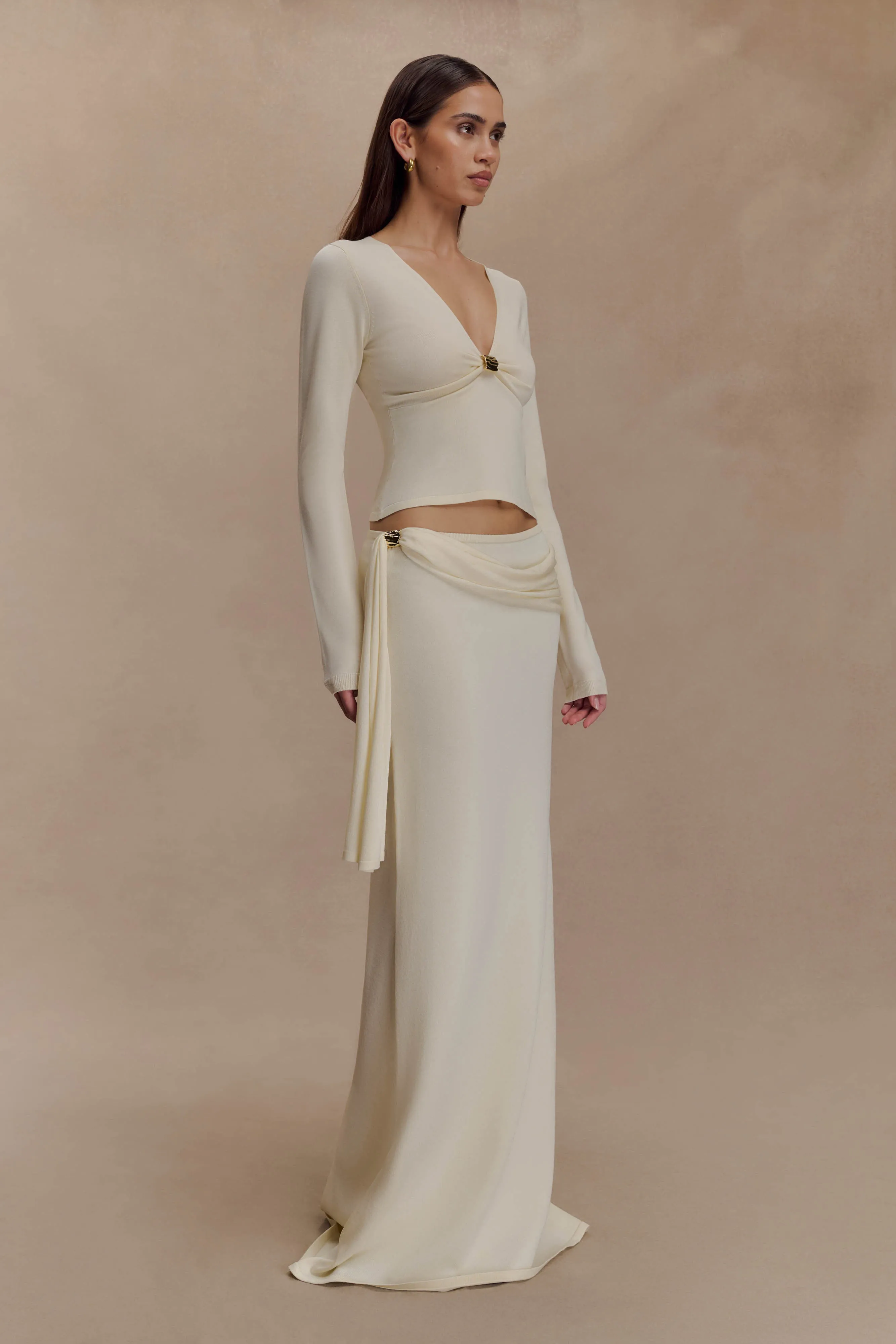 Bohemian style Cozy Fit Miraby Front Ruched Knit Long Sleeve Top - Ivory