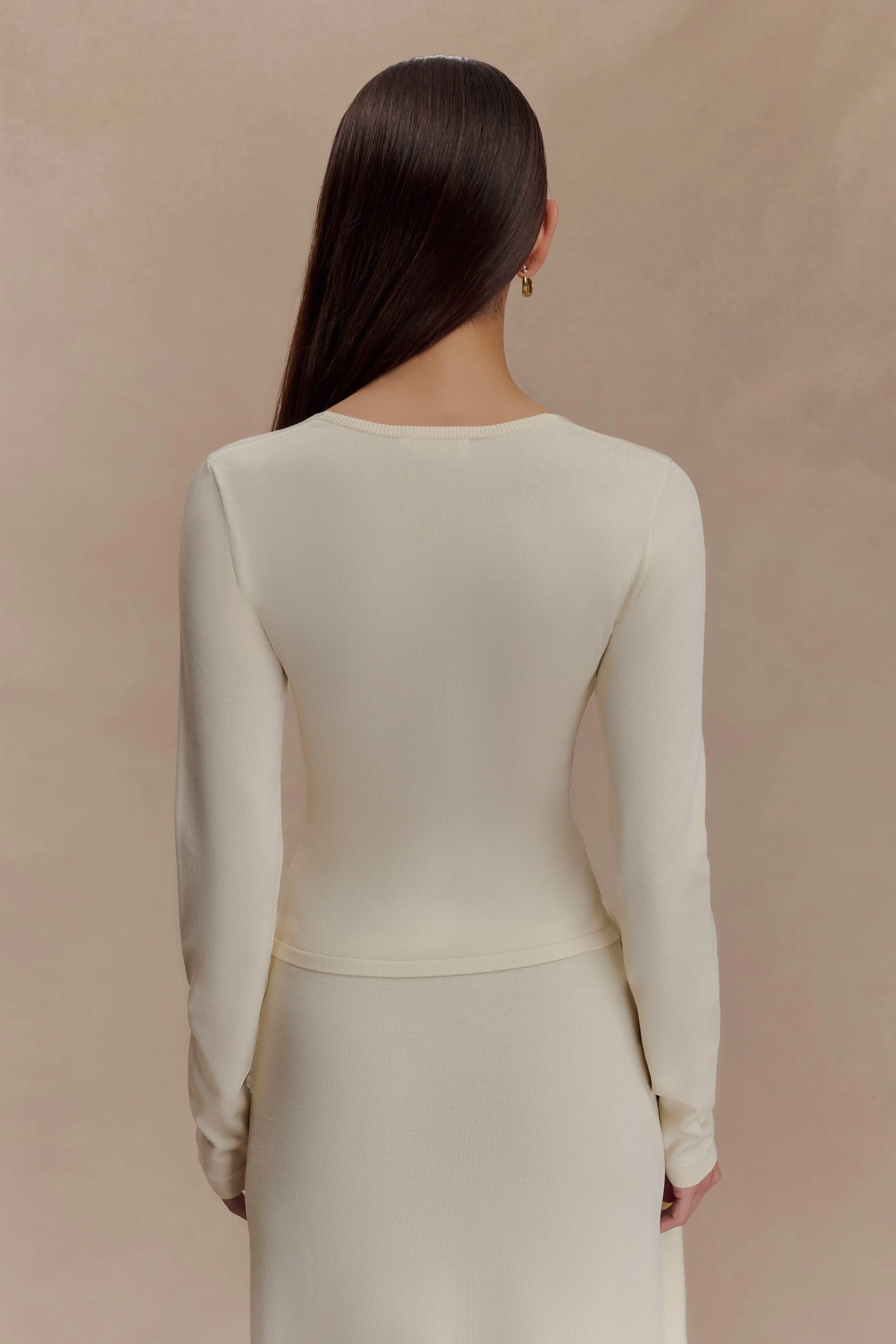 Miraby Front Ruched Knit Long Sleeve Top - Ivory Durable Overlock Stitch Contrast Stitch Detailing