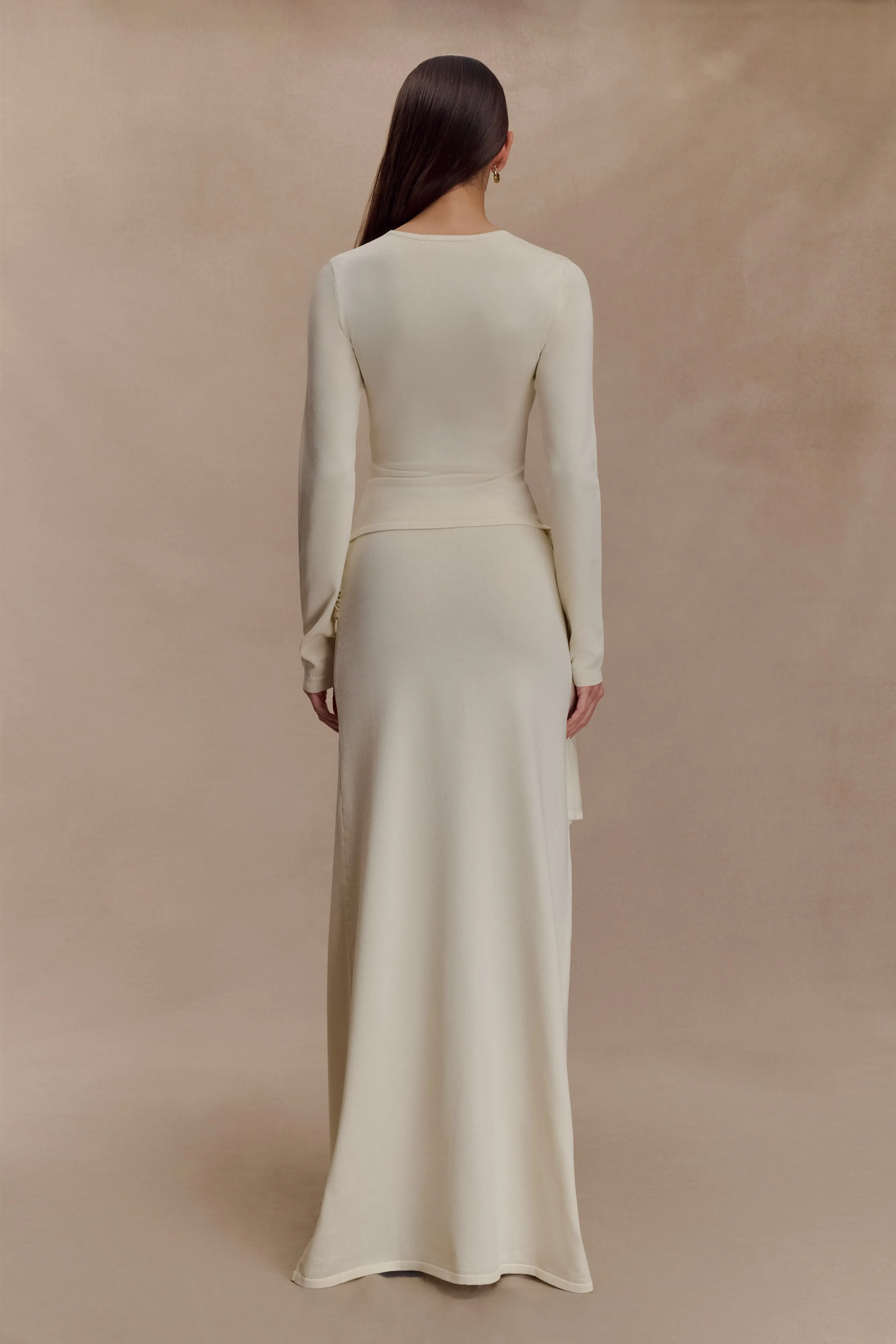 Buttery Soft Handfeel Cool and Breezy Miraby Front Ruched Knit Long Sleeve Top - Ivory