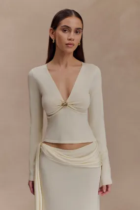 Miraby Front Ruched Knit Long Sleeve Top - Ivory Bonded Seam Technique