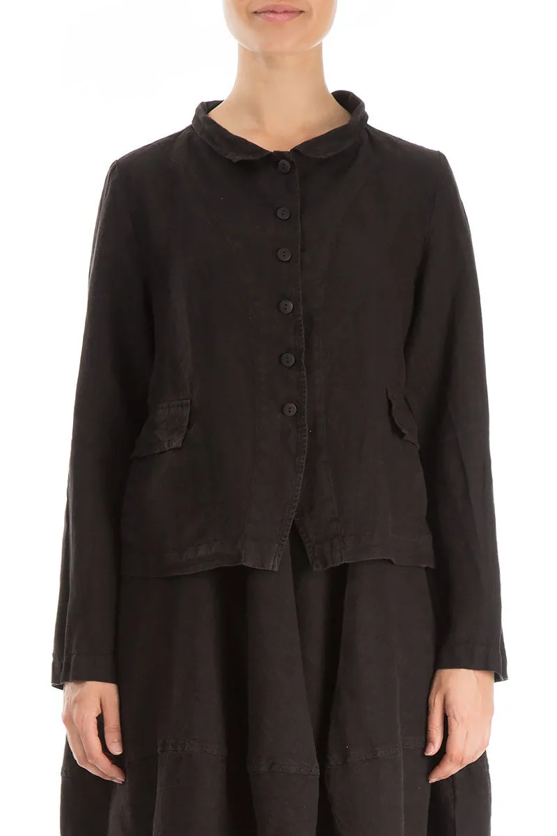 Elegant Buttoned Black Linen Jacket Roll Up Hood Versatile Design