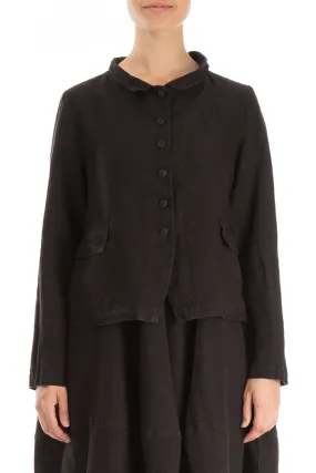 Elegant Buttoned Black Linen Jacket Roll Up Hood Versatile Design