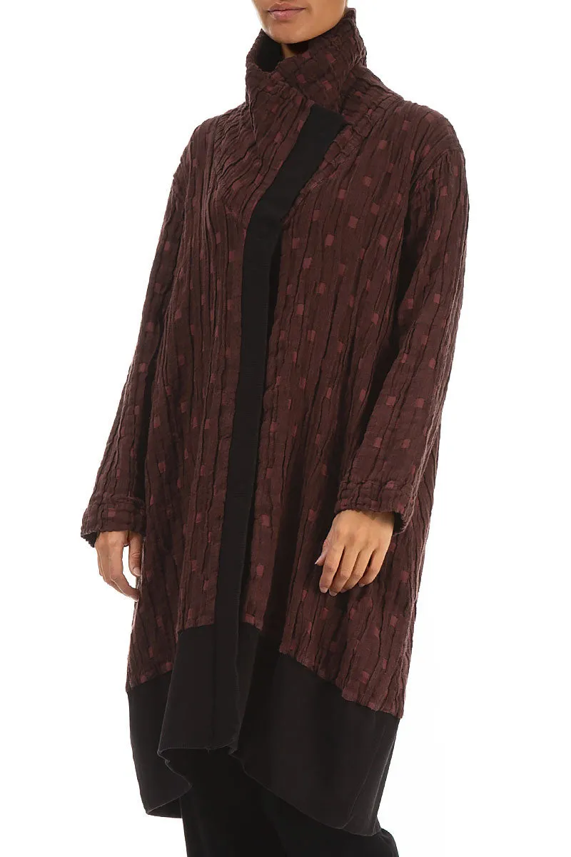 High Collar Merlot Textured Linen Jacket Rubberized Edging