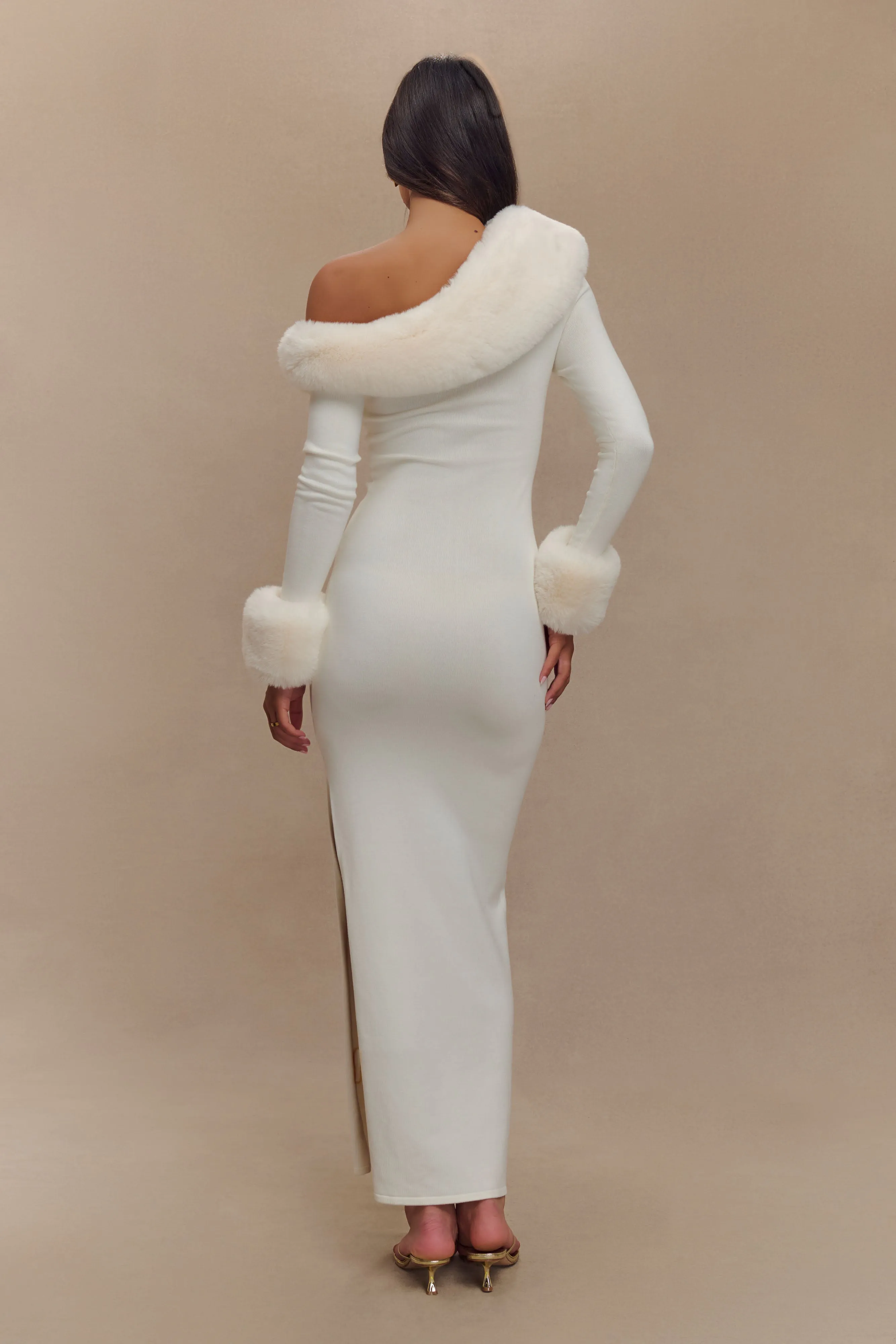 Karleigh Faux Fur Knit Maxi Dress - Ivory Refined Style Ruched-Detail