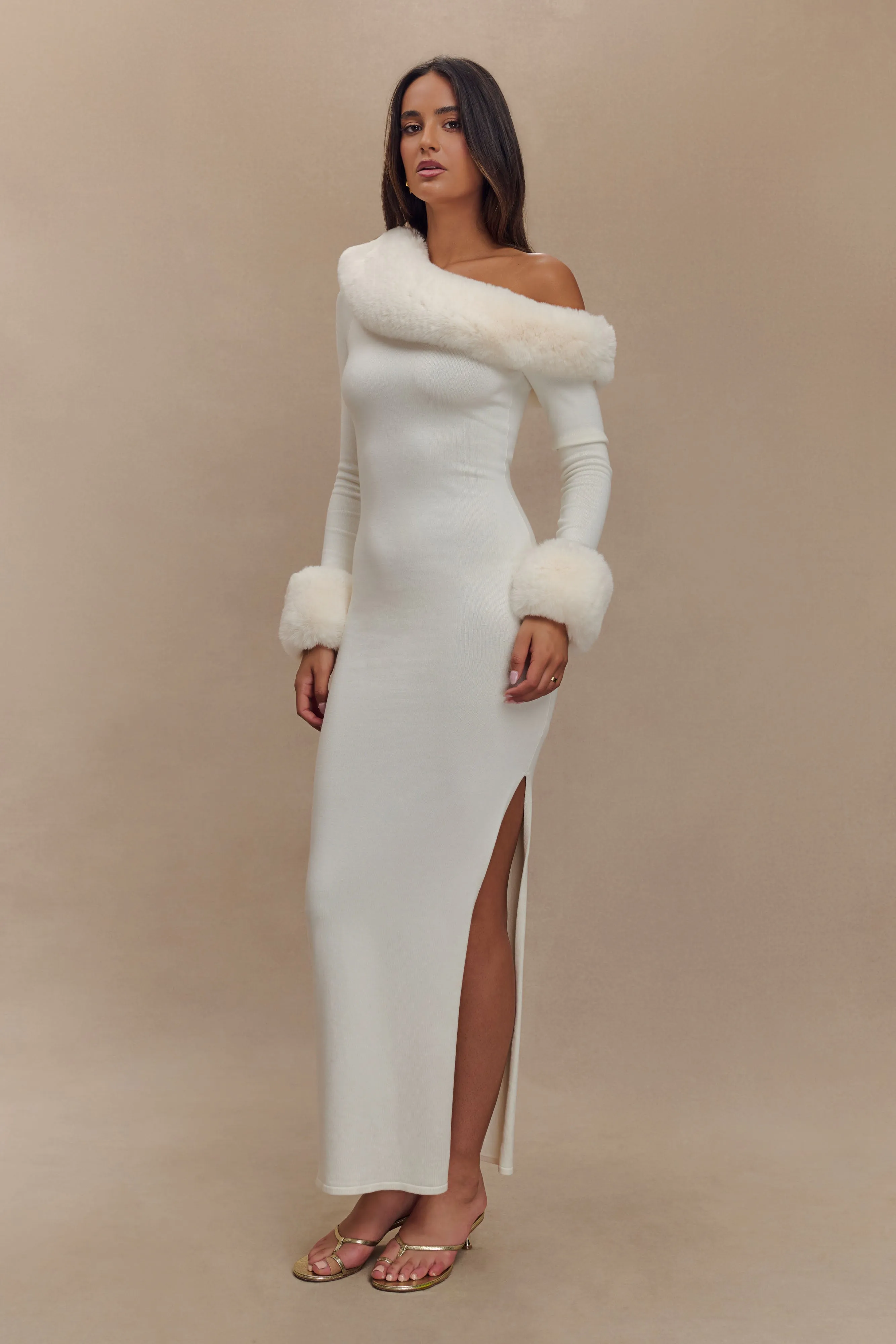 Soft fabric piece Karleigh Faux Fur Knit Maxi Dress - Ivory