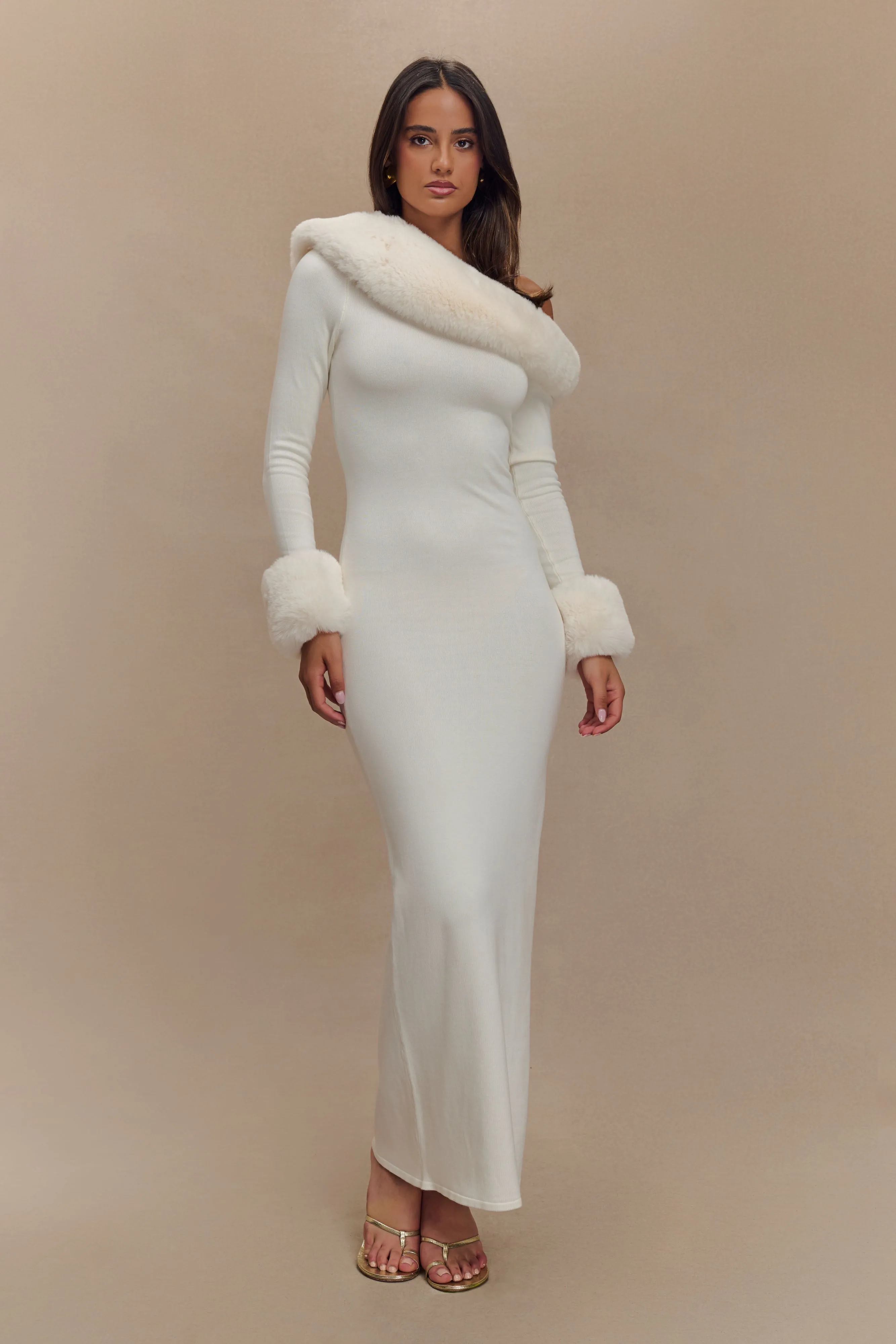 Karleigh Faux Fur Knit Maxi Dress - Ivory Dual Tones Texture Blend