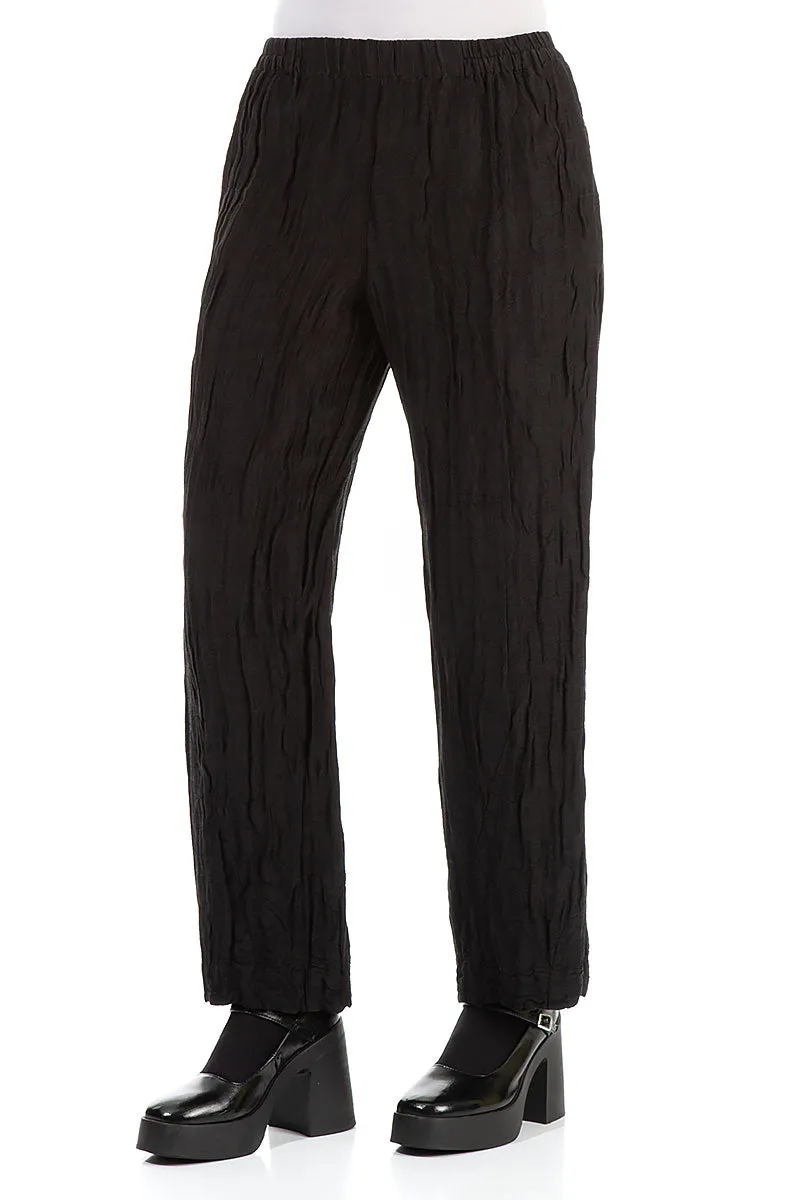 Active Appeal Outdoor activities Elegant Straight Crinkled Black Silk Trousers