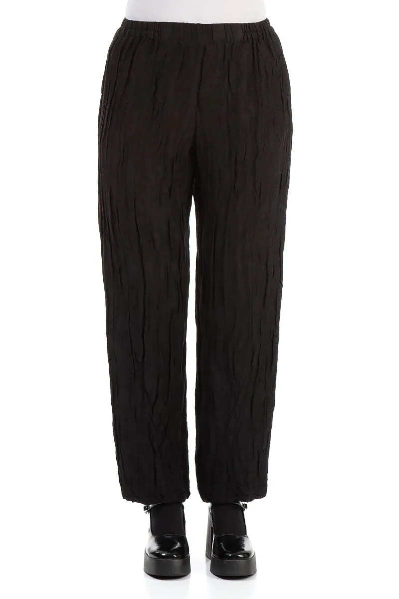 Work Essential Elegant Straight Crinkled Black Silk Trousers
