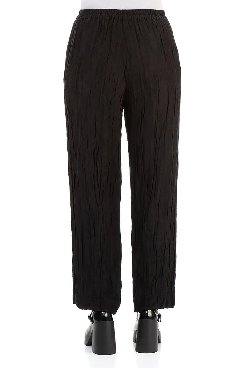 Elegant Straight Crinkled Black Silk Trousers Seamless Comfort