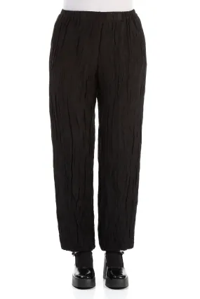 Elegant Straight Crinkled Black Silk Trousers Sporty Touch