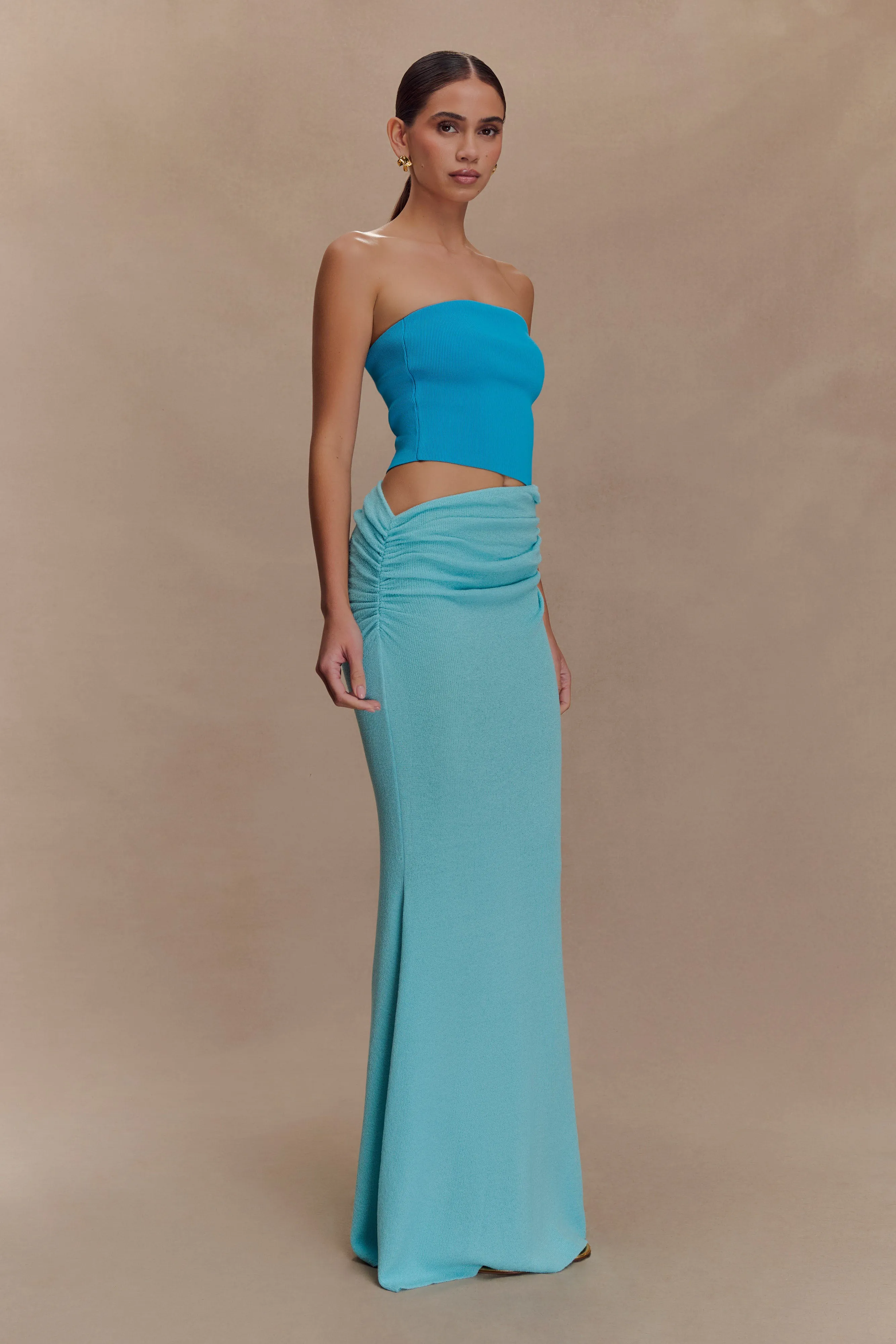 Jasiel Strapless Knit Maxi Dress - Cyan Blue LayeredHemline