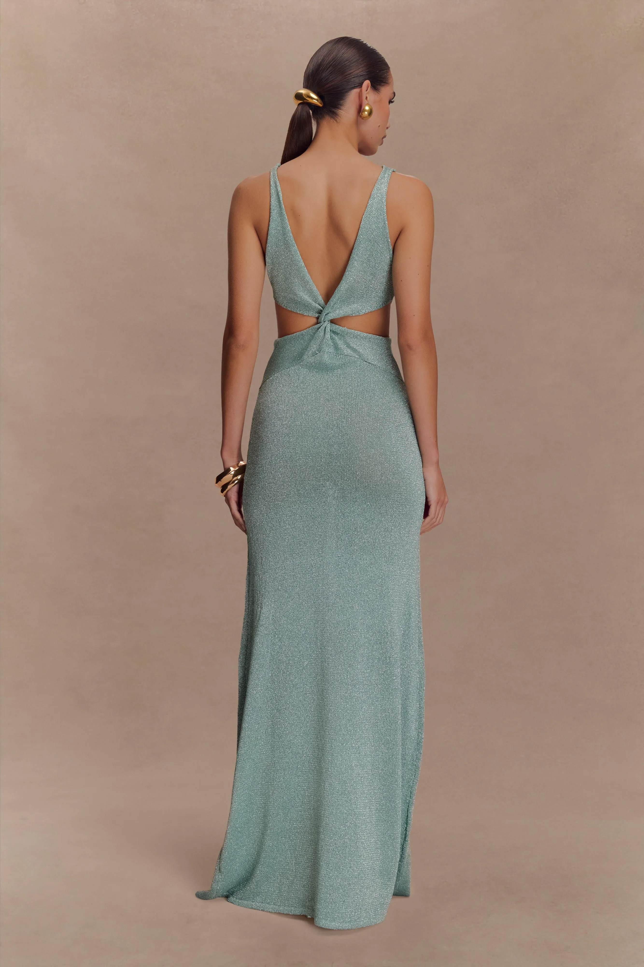 Gracelyn Twisted Metallic Knit Maxi Dress - Aqua polka-dot