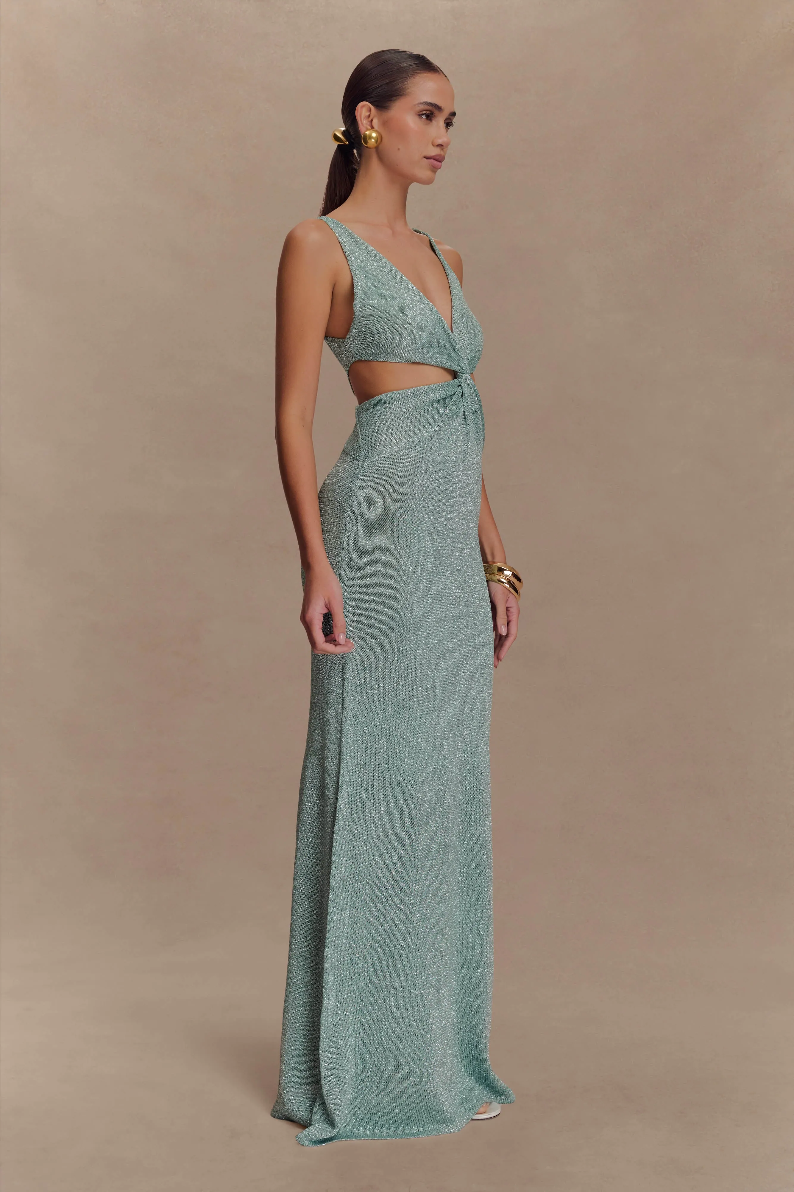 Gracelyn Twisted Metallic Knit Maxi Dress - Aqua Airy Fabric Elegant Motion