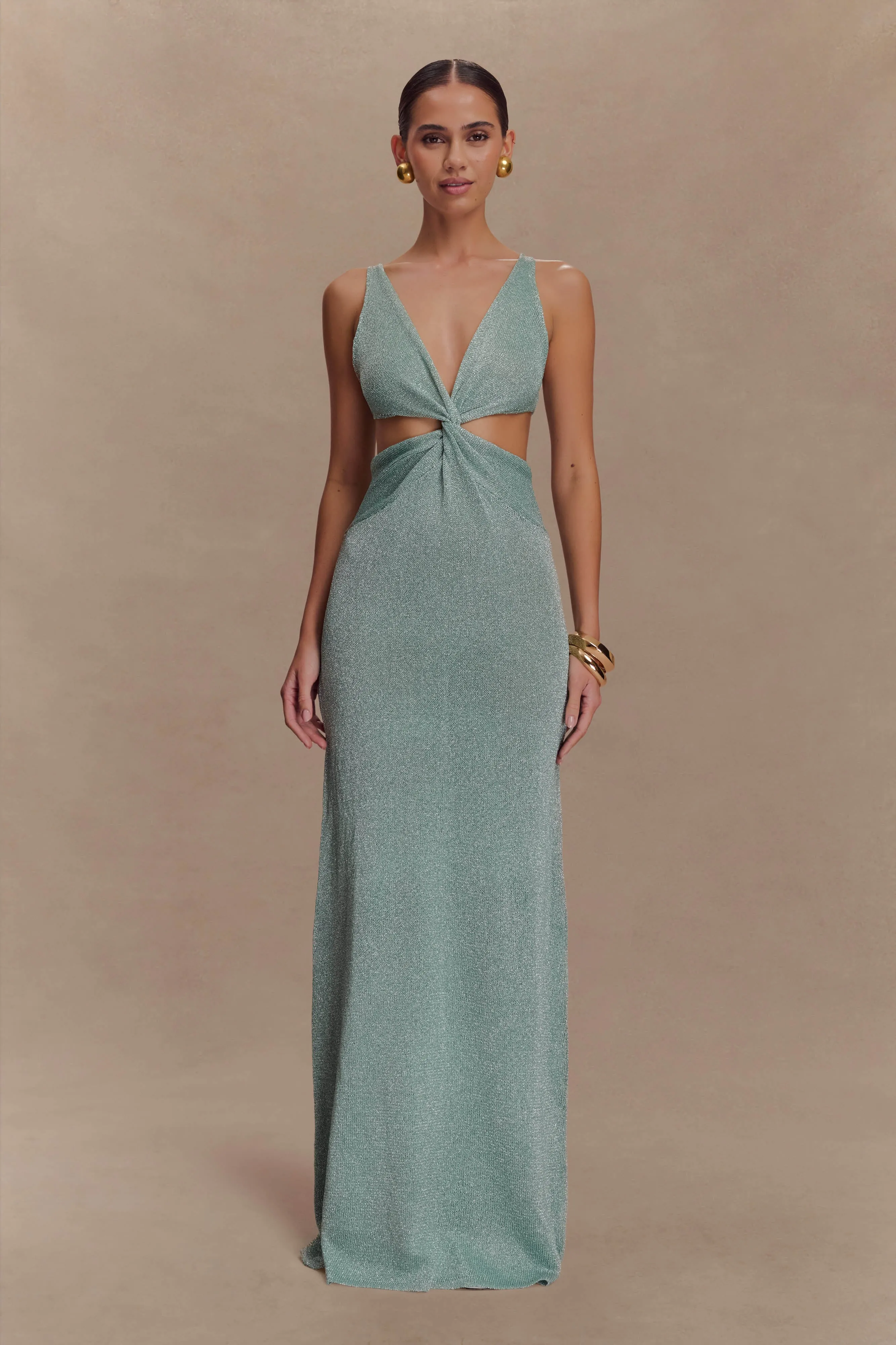 perfect for events Chic And Comfortable Gracelyn Twisted Metallic Knit Maxi Dress - Aqua