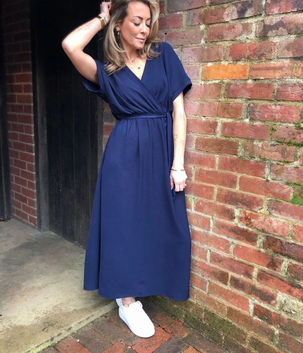 Navy Belted Midaxi Dress Convertible-Style Light material