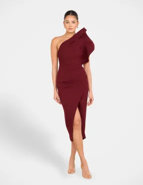 Crisp Detail Holiday Wear Elise Asymmetric Midi Dress