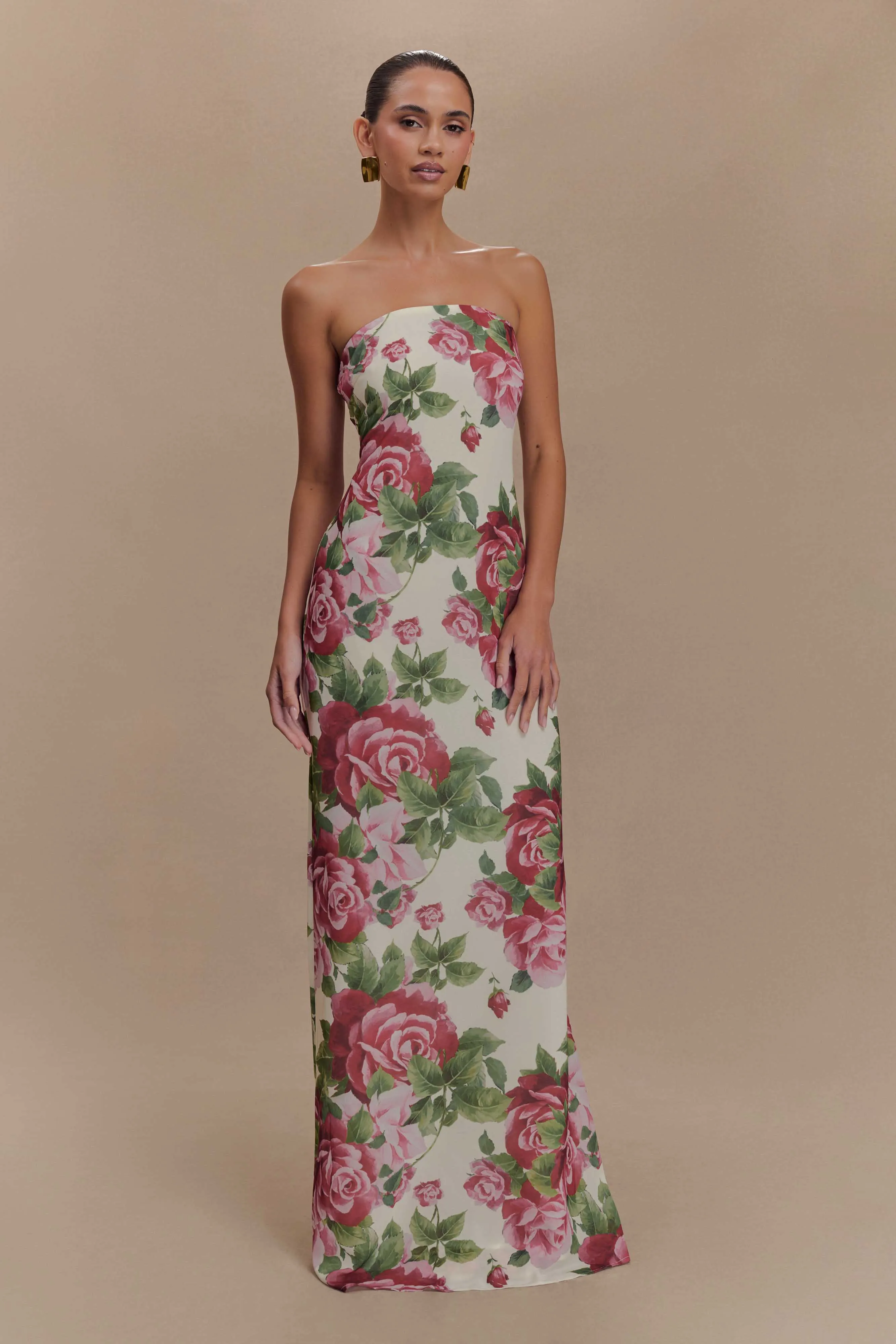 Ella Strapless Chiffon Maxi Dress - Sonia Rose Print Smile Glow Structured-Shape