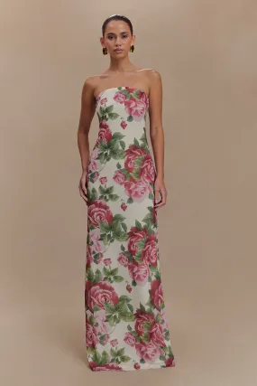 Ella Strapless Chiffon Maxi Dress - Sonia Rose Print Muted Tones Sculpted Detail