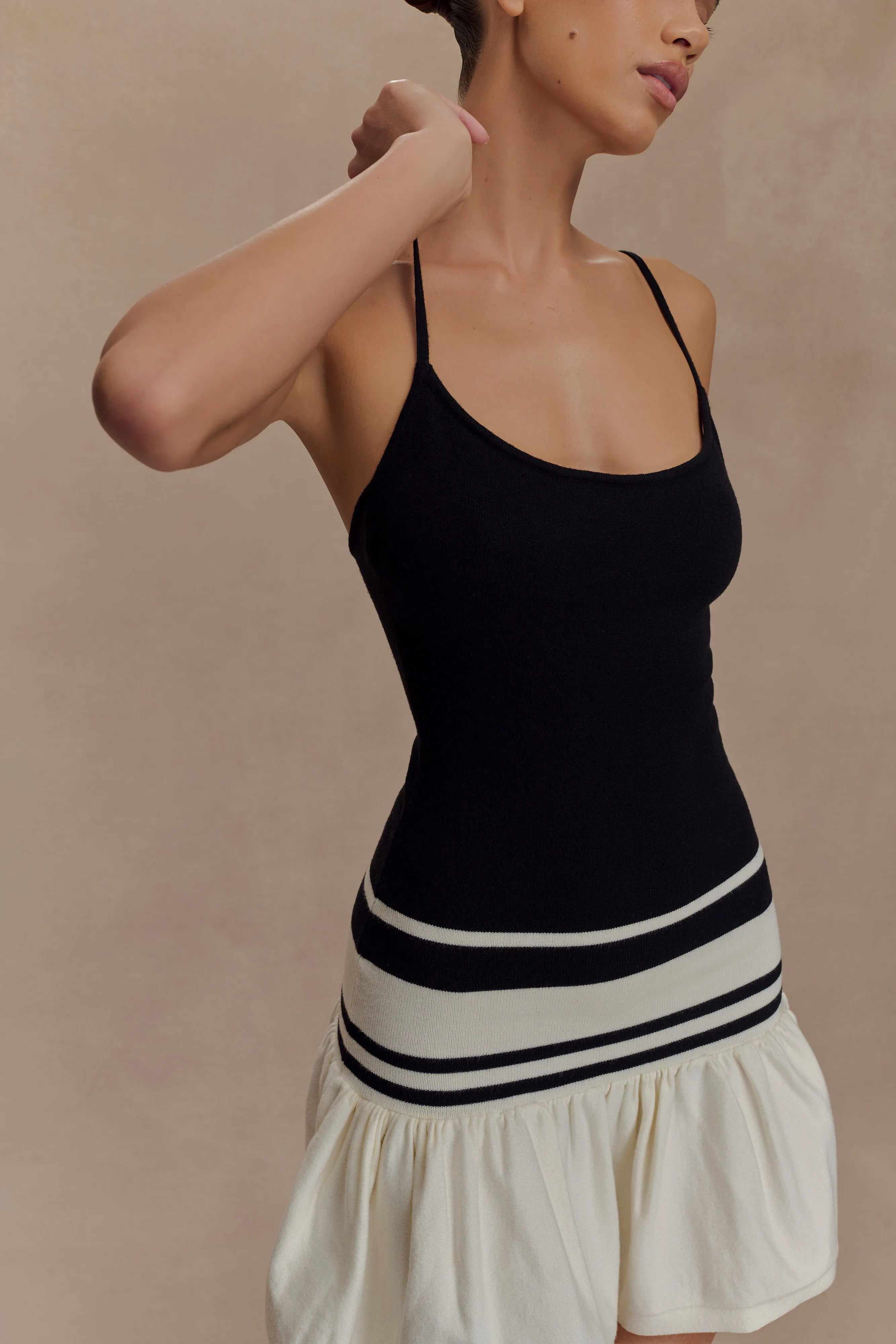 Ellison Contrast Knit Mini Dress - Black/White Satin Glow