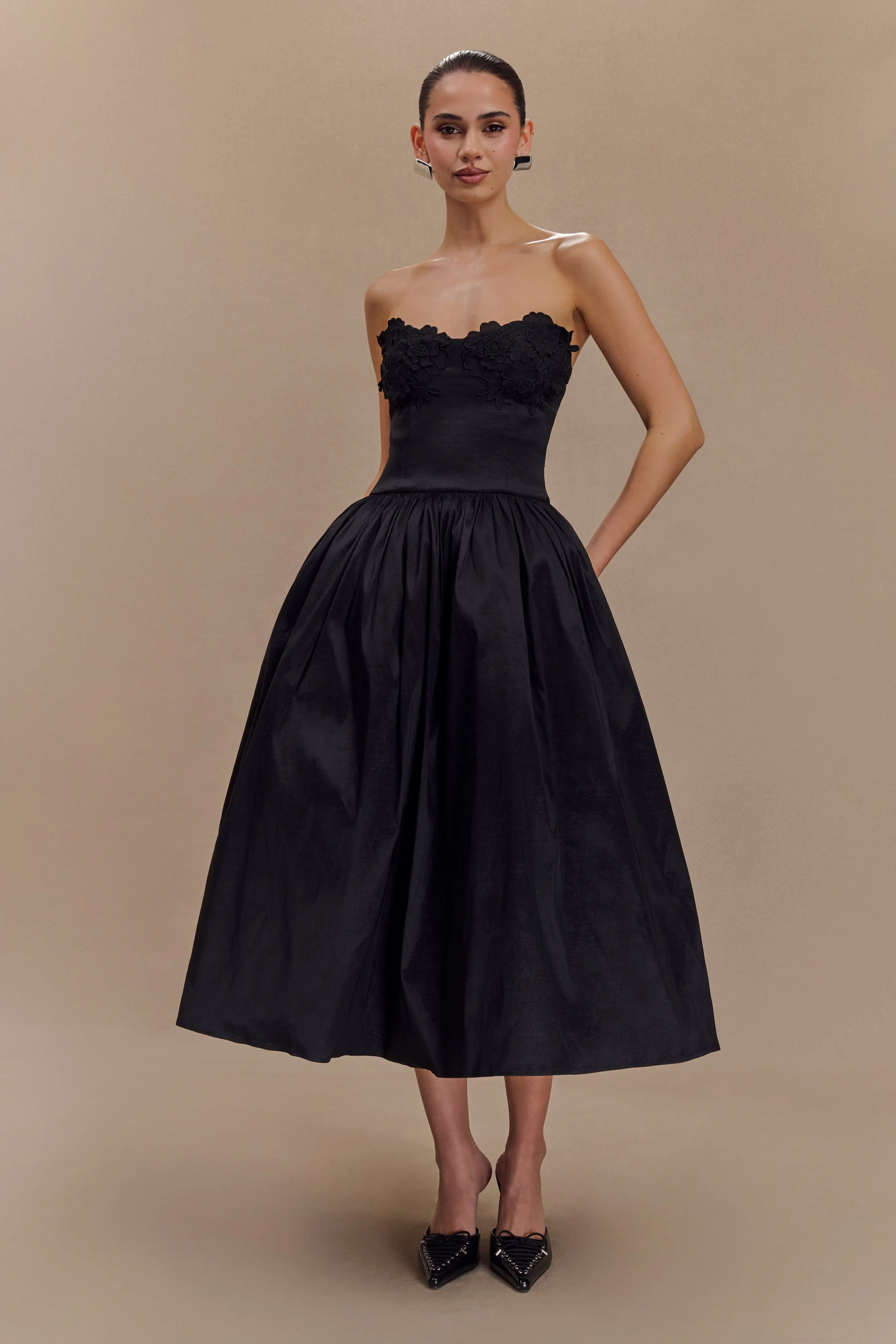 Elyssa Embroidered Midi Dress - Black Fringe-Detail Fold-Over-Detail