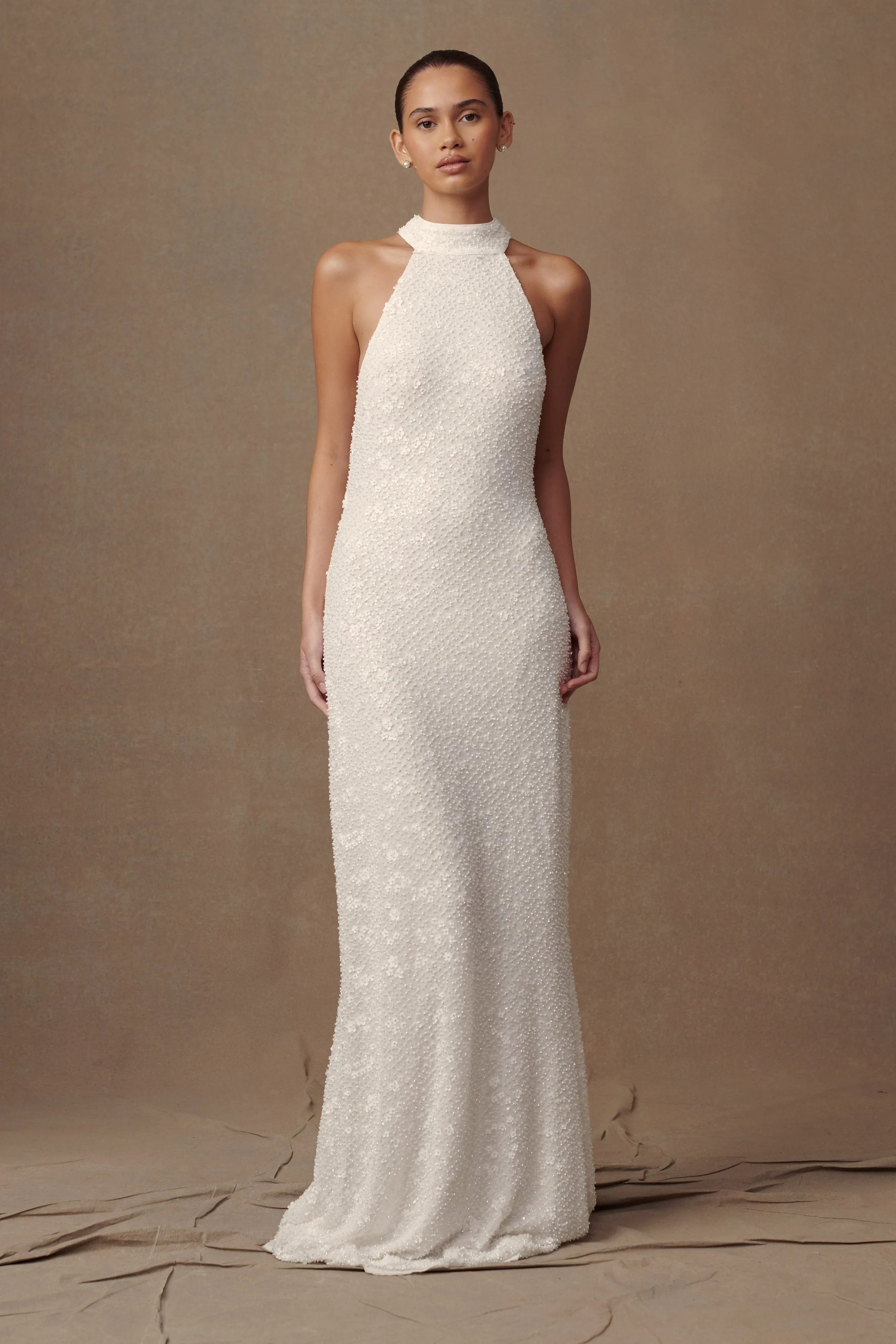 ruffle trim Kind Glow Emery Lace Halter Maxi Dress - White