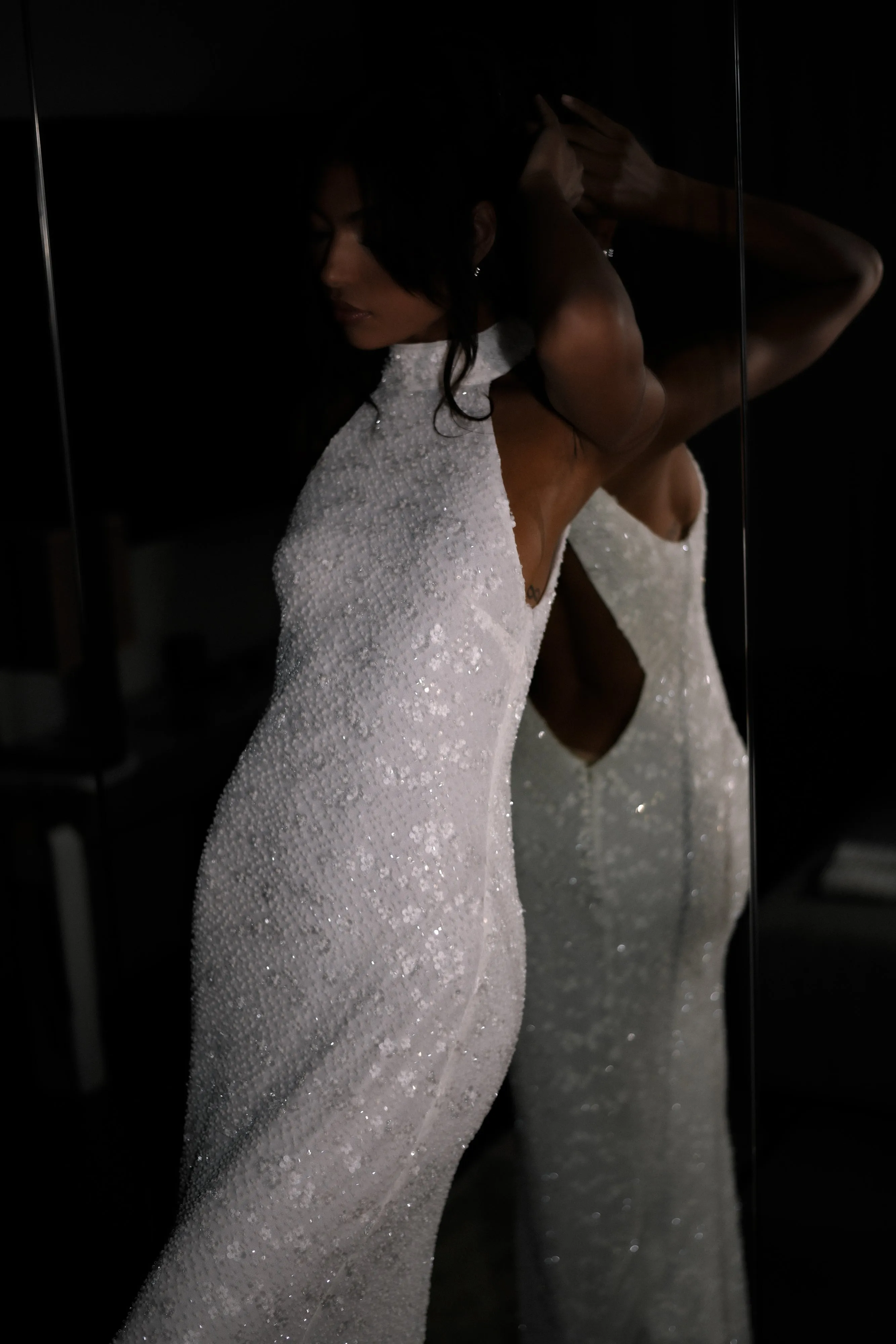 High-Neck Emery Lace Halter Maxi Dress - White