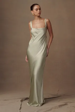 Ensley Satin Maxi Dress - Sage Tie-Detail Glossy-Finish