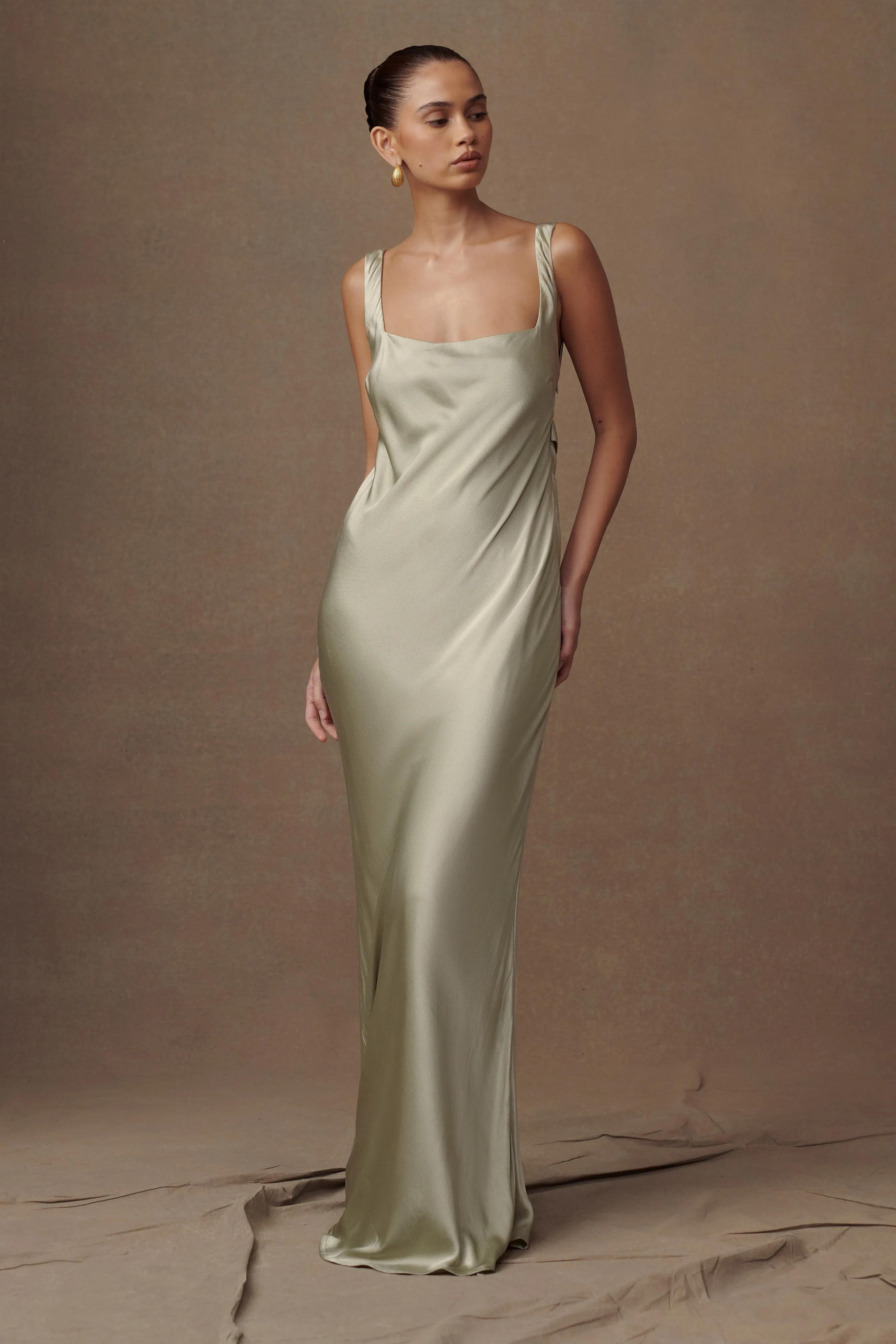 Ensley Satin Maxi Dress - Sage Tie-Detail Glossy-Finish