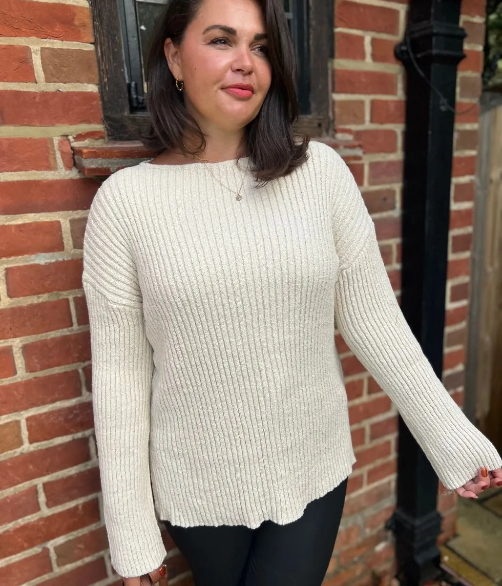 Breathable Waistband Ivory Ribbed Boat Neck Jumper