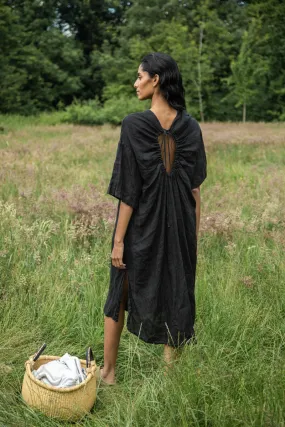 Monique Linen dress in Black Subtle Glow Smart Texture