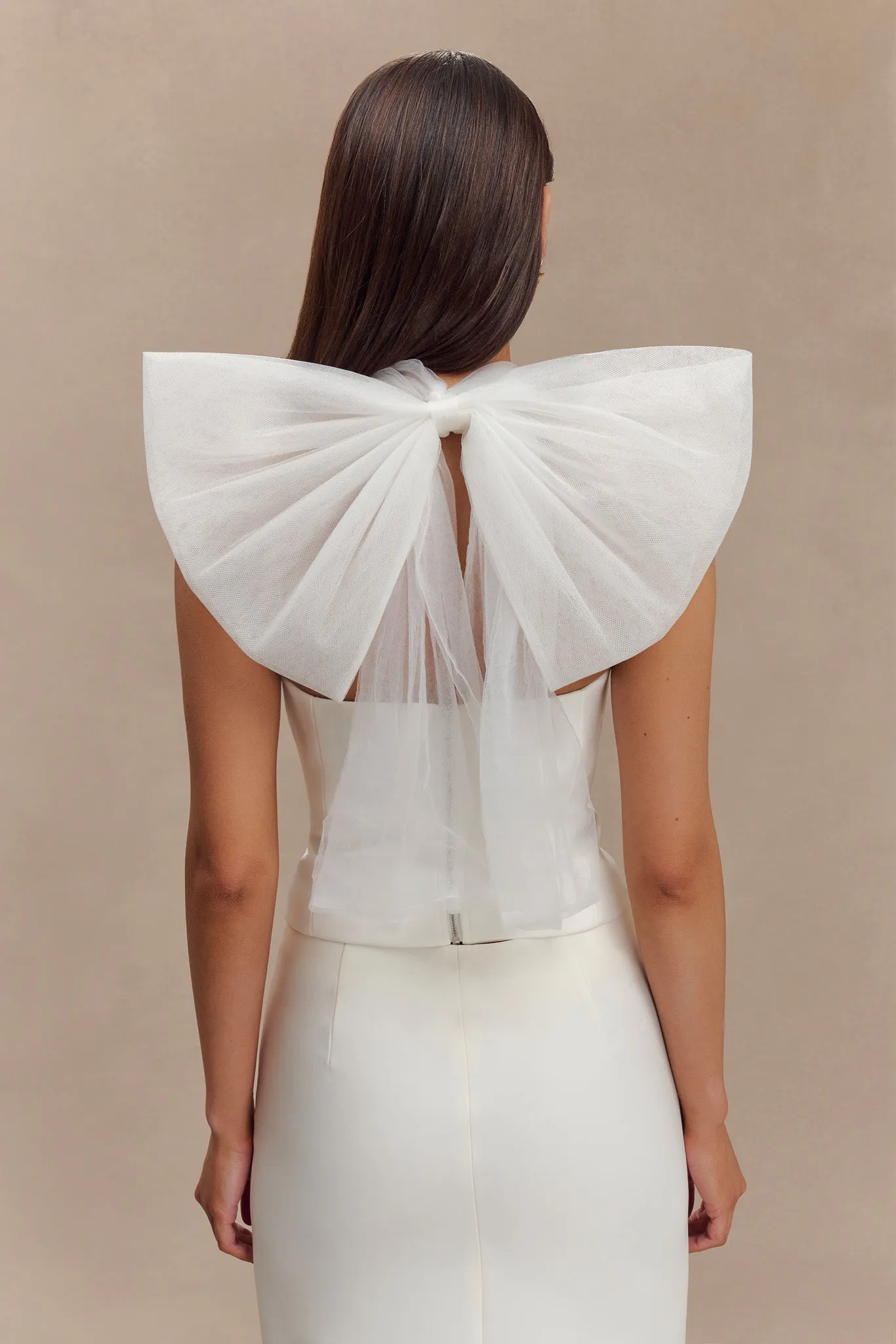 Maryam Tulle Bow Top - White Anti Static Weave Technology Soft Wool