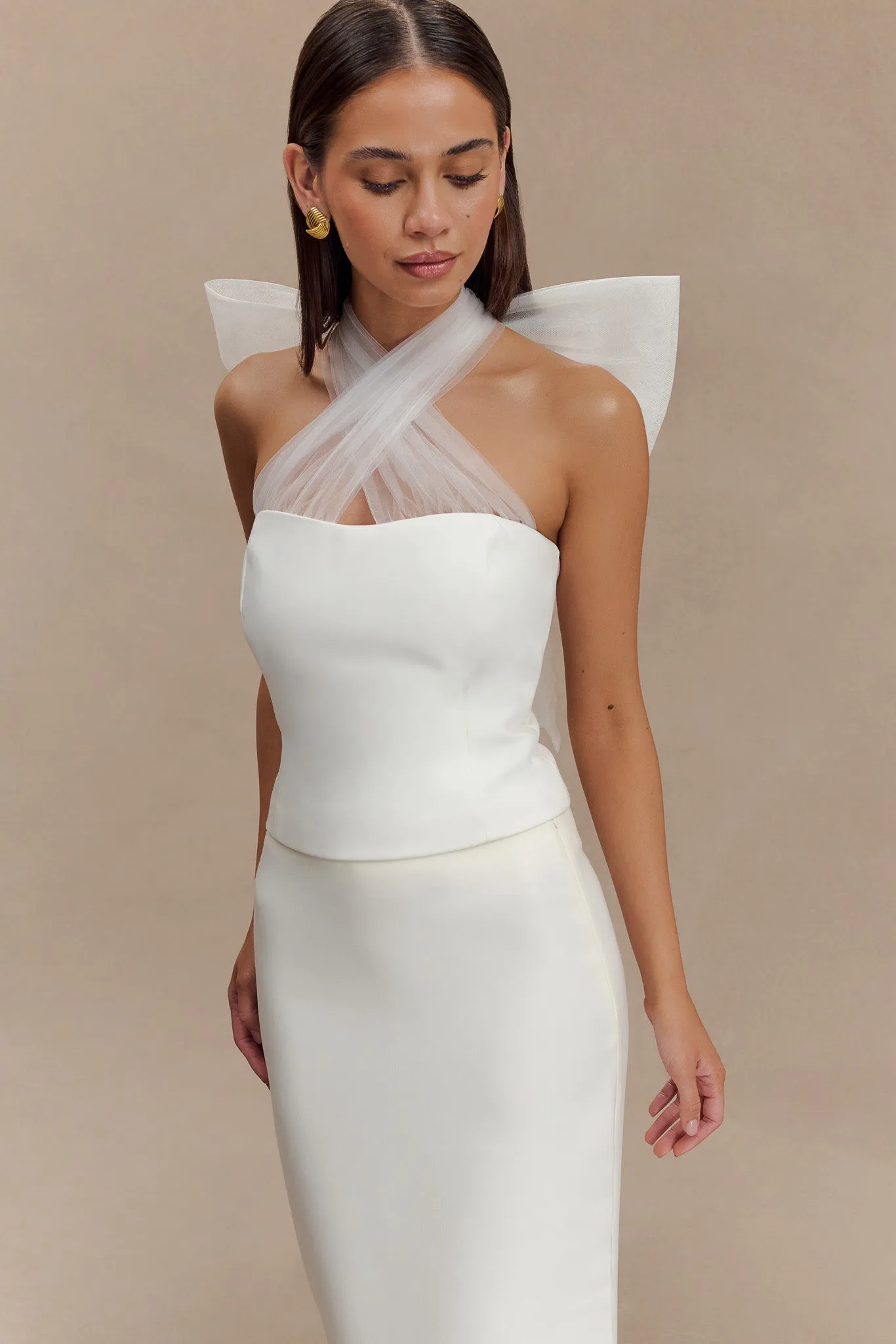 AntiPilling Finish Layered Collar Maryam Tulle Bow Top - White