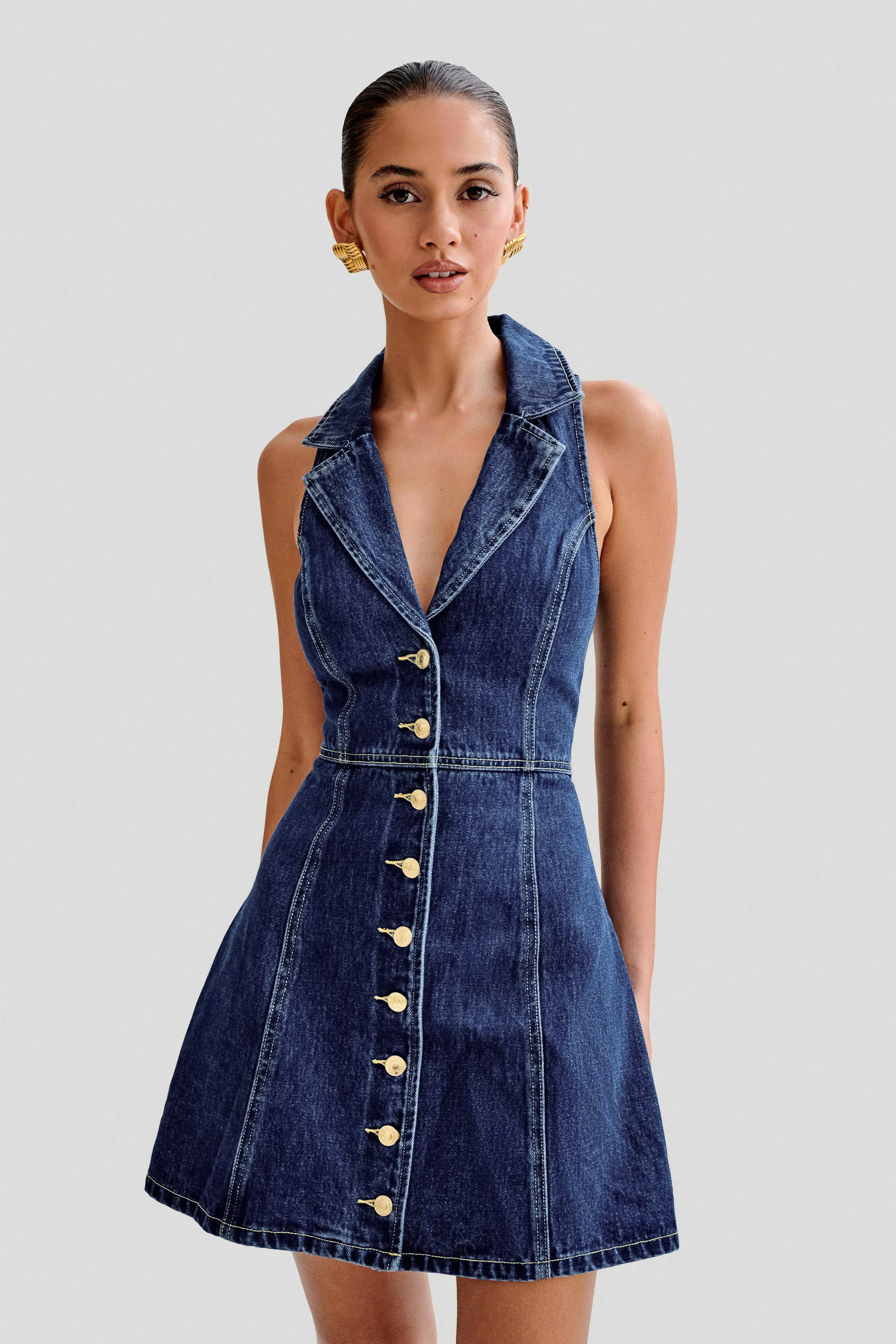 LayeredHemline Eugenie Collared Denim Mini Dress - Dark Blue