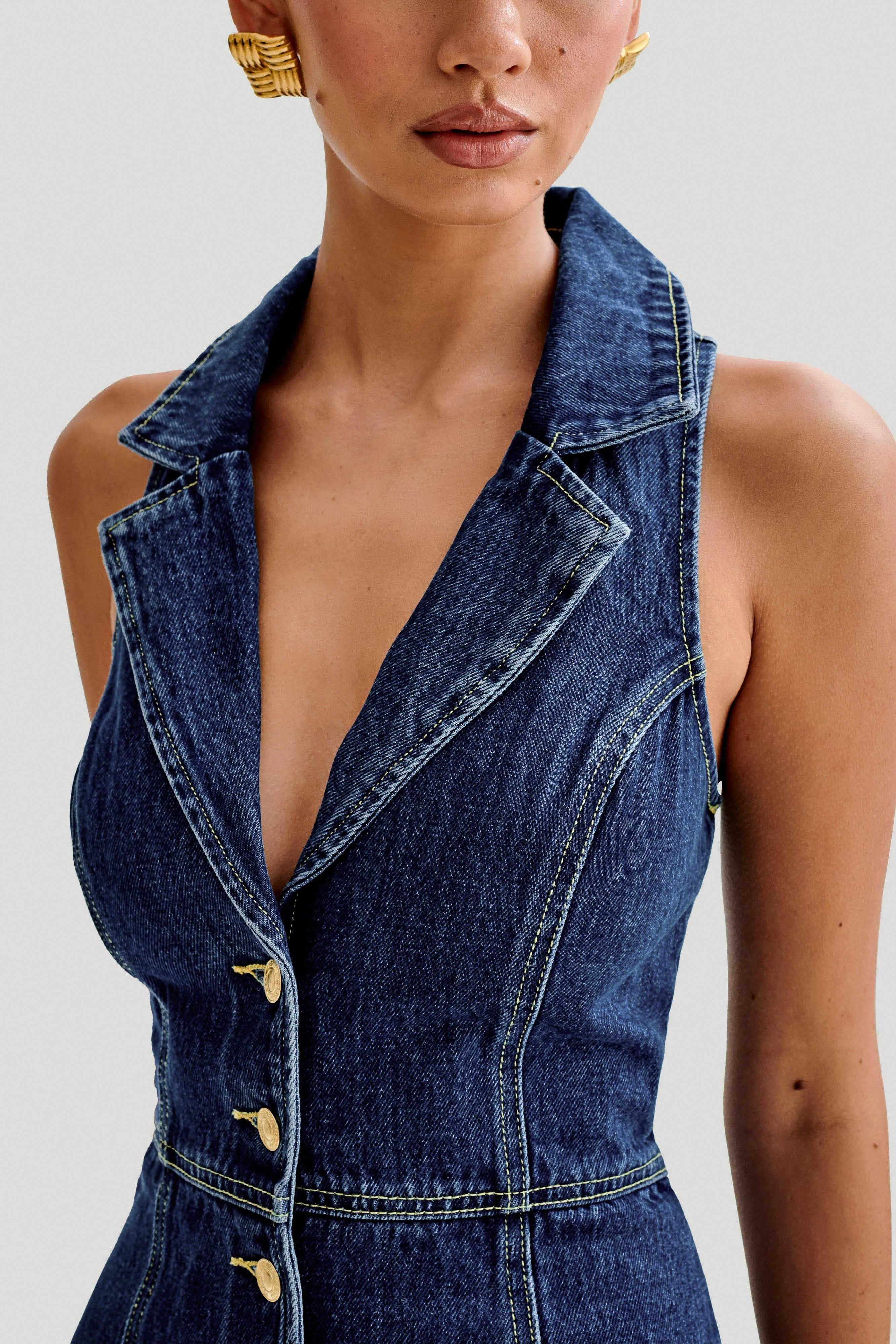 Eugenie Collared Denim Mini Dress - Dark Blue Comfy Design Travel Light